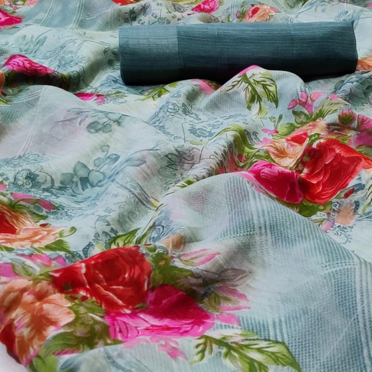 Ravishing Light Blue Colored Casual Wear Floral Printed Linen Saree - Peachmode