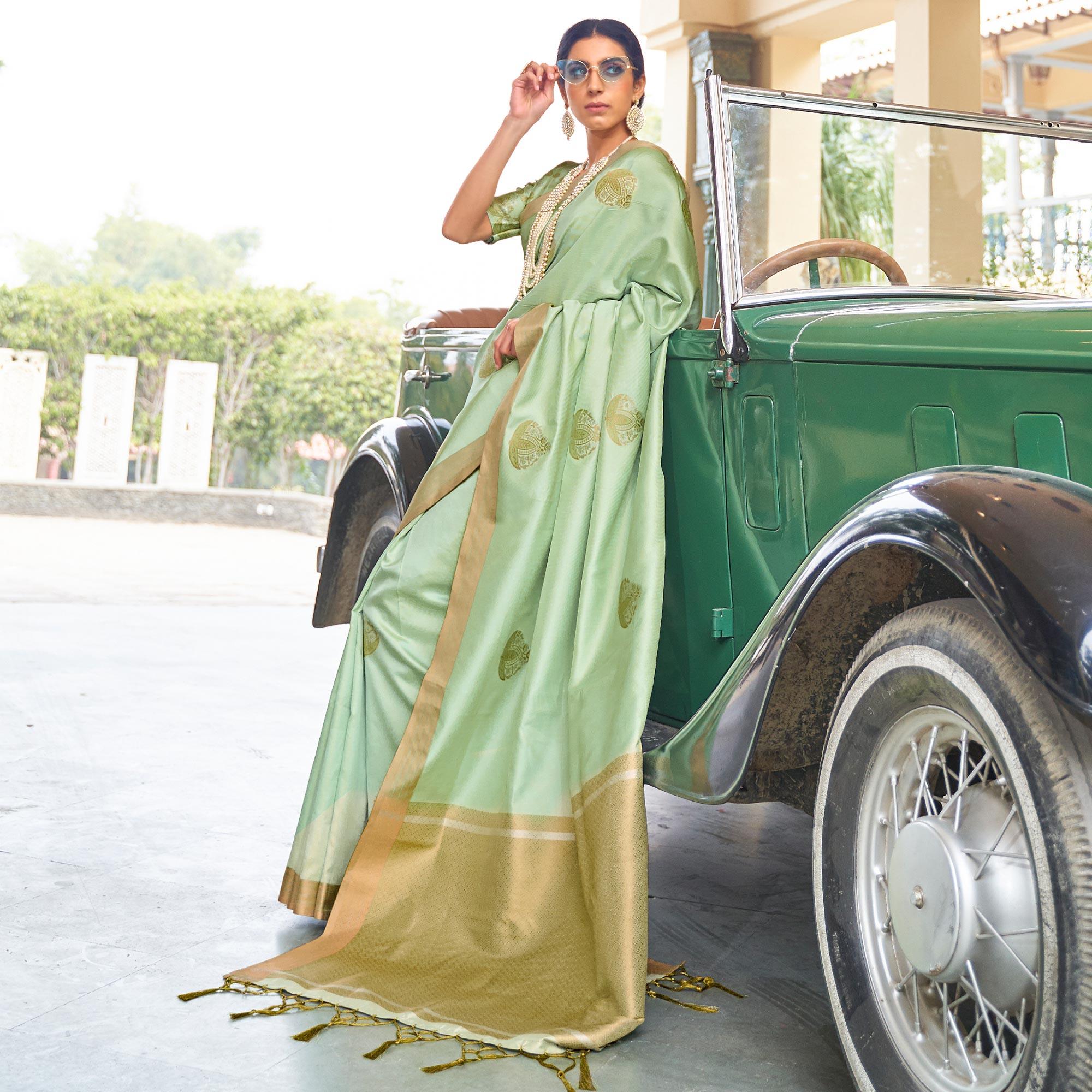 Ravishing Light Green Colored Zari Work Festive Wear Banarasi Silk Saree - Peachmode