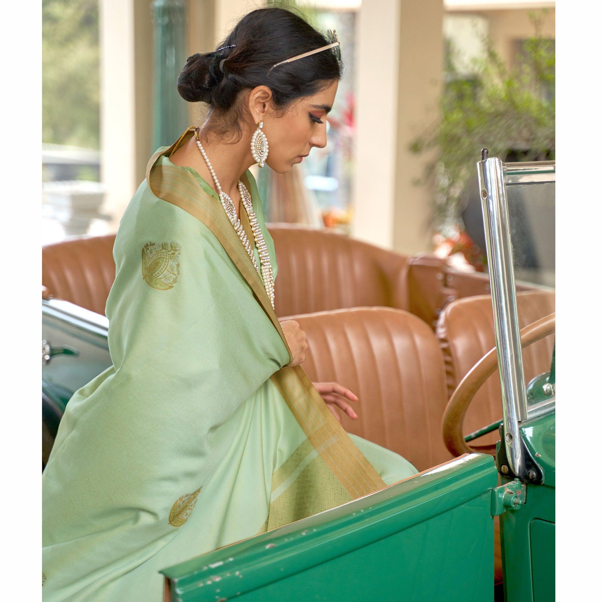 Ravishing Light Green Colored Zari Work Festive Wear Banarasi Silk Saree - Peachmode