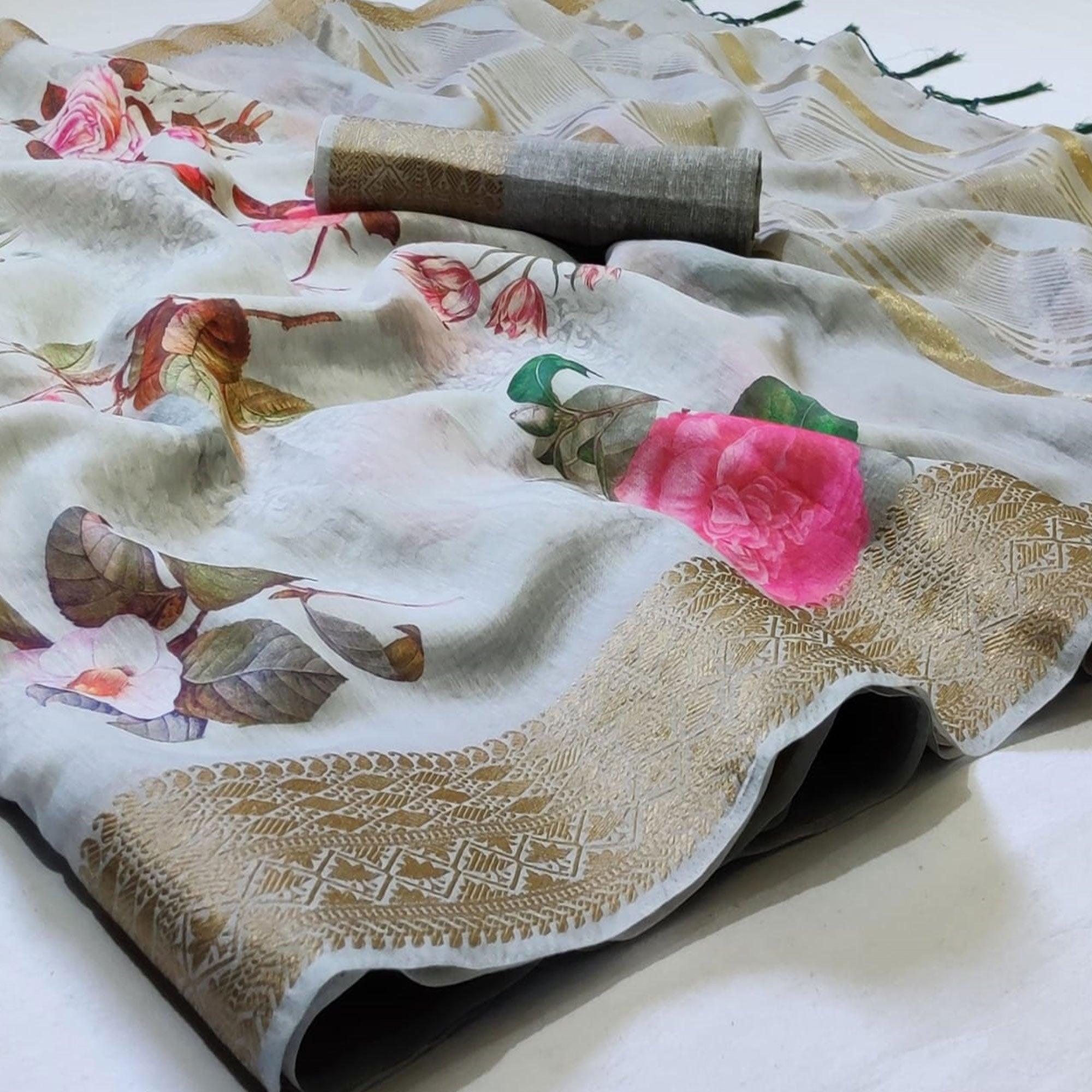 Ravishing Light Grey Colored Festive Wear Woven Banarasi Silk Saree - Peachmode