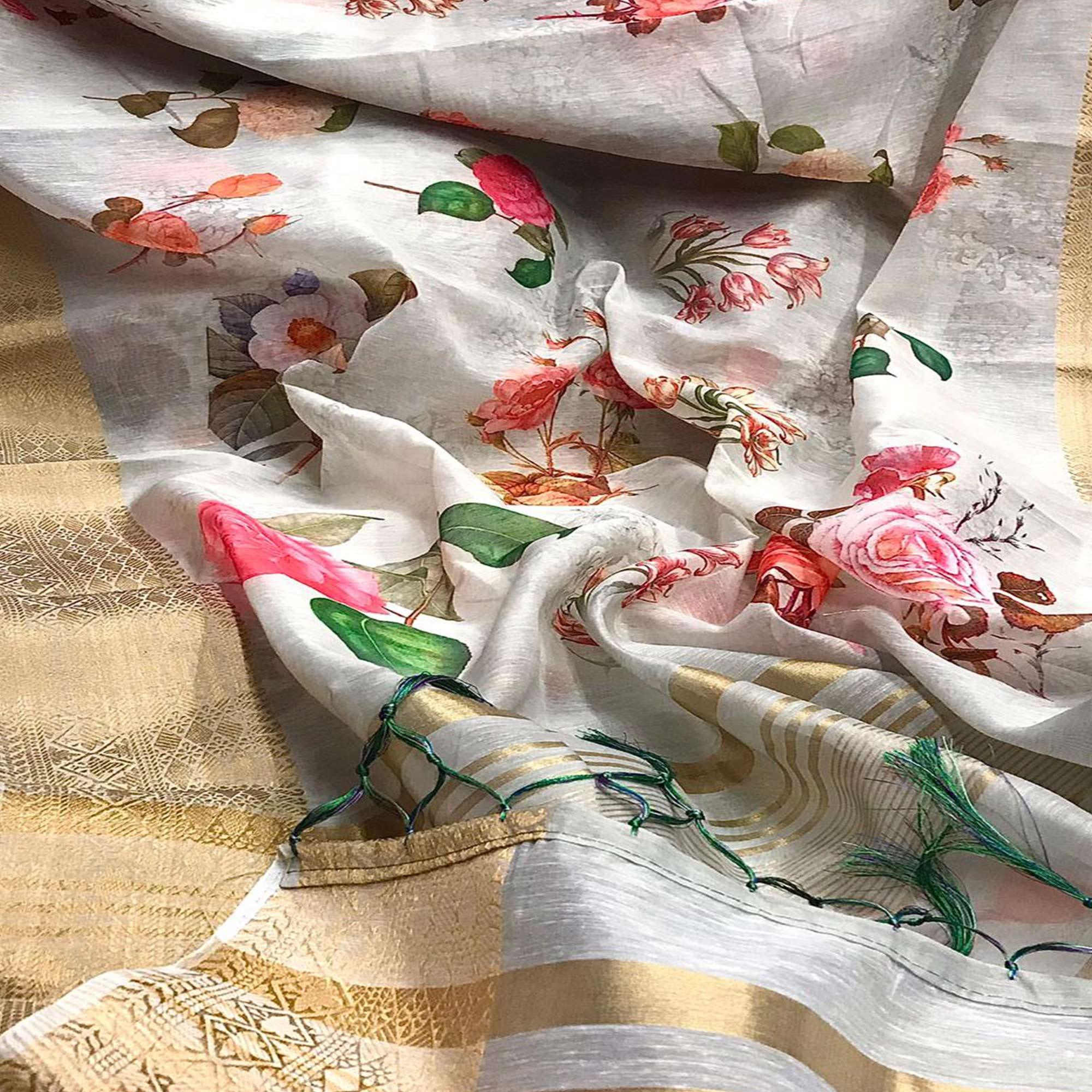 Ravishing Light Grey Colored Festive Wear Woven Banarasi Silk Saree - Peachmode