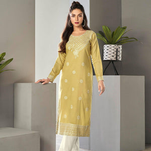 Ravishing Light Yellow Colored Casual Wear Embroidered Pure Rayon Viscose Kurti - Peachmode