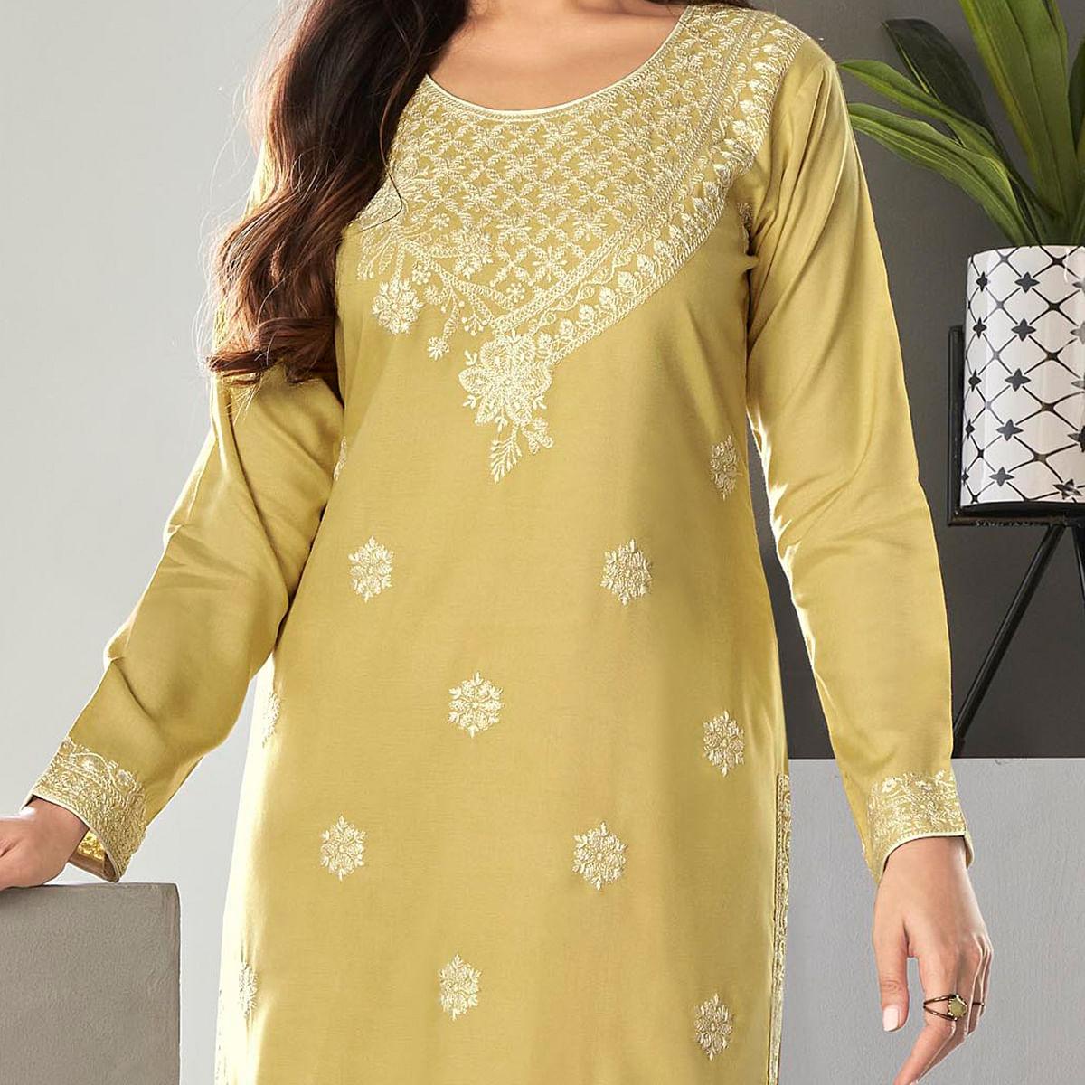 Ravishing Light Yellow Colored Casual Wear Embroidered Pure Rayon Viscose Kurti - Peachmode