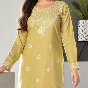 Ravishing Light Yellow Colored Casual Wear Embroidered Pure Rayon Viscose Kurti - Peachmode