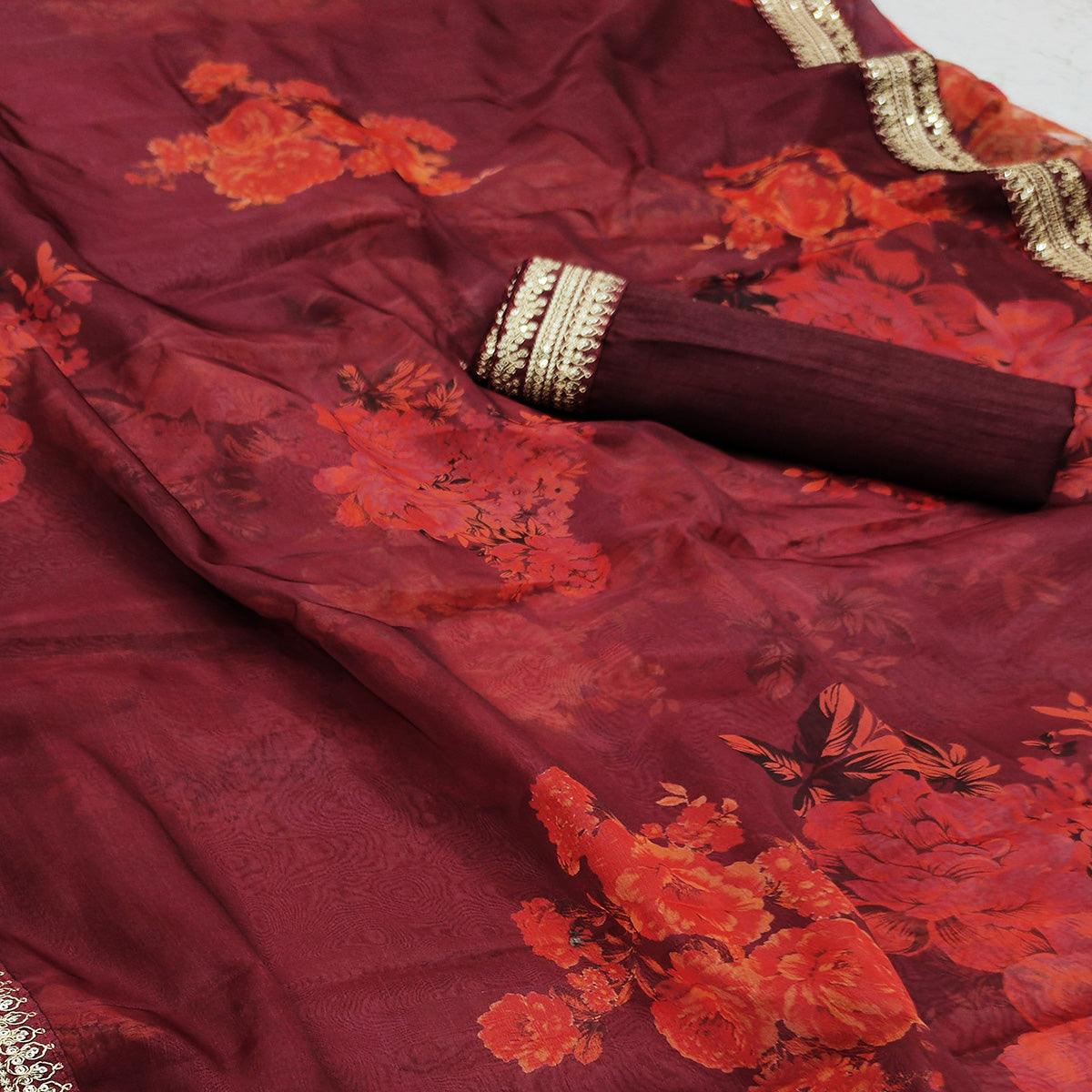 Ravishing Maroon Colored Partywear Printed Organza Saree - Peachmode