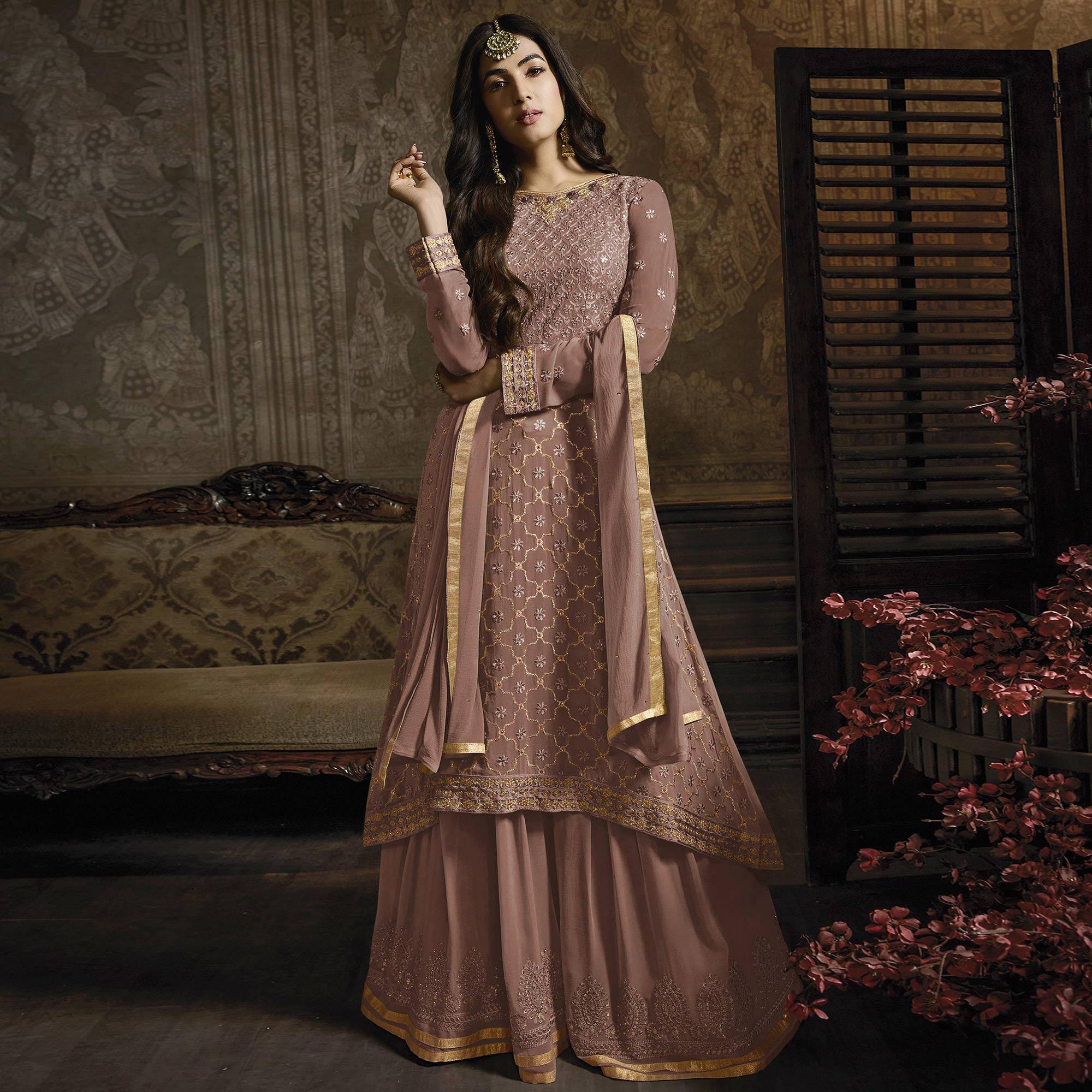 Ravishing Mauve Colored Partywear Embroidered Faux Georgette Lehenga Suit - Peachmode