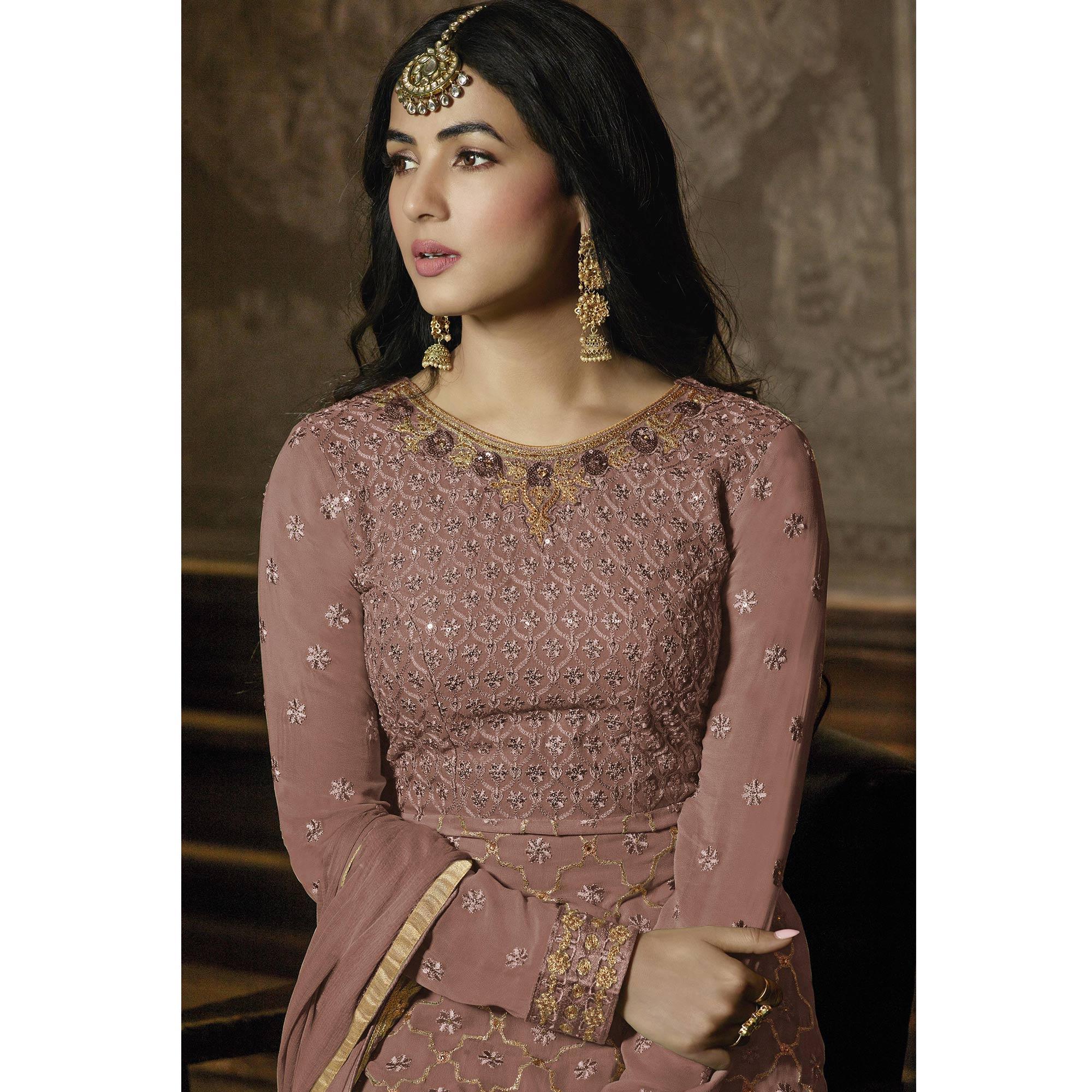 Ravishing Mauve Colored Partywear Embroidered Faux Georgette Lehenga Suit - Peachmode