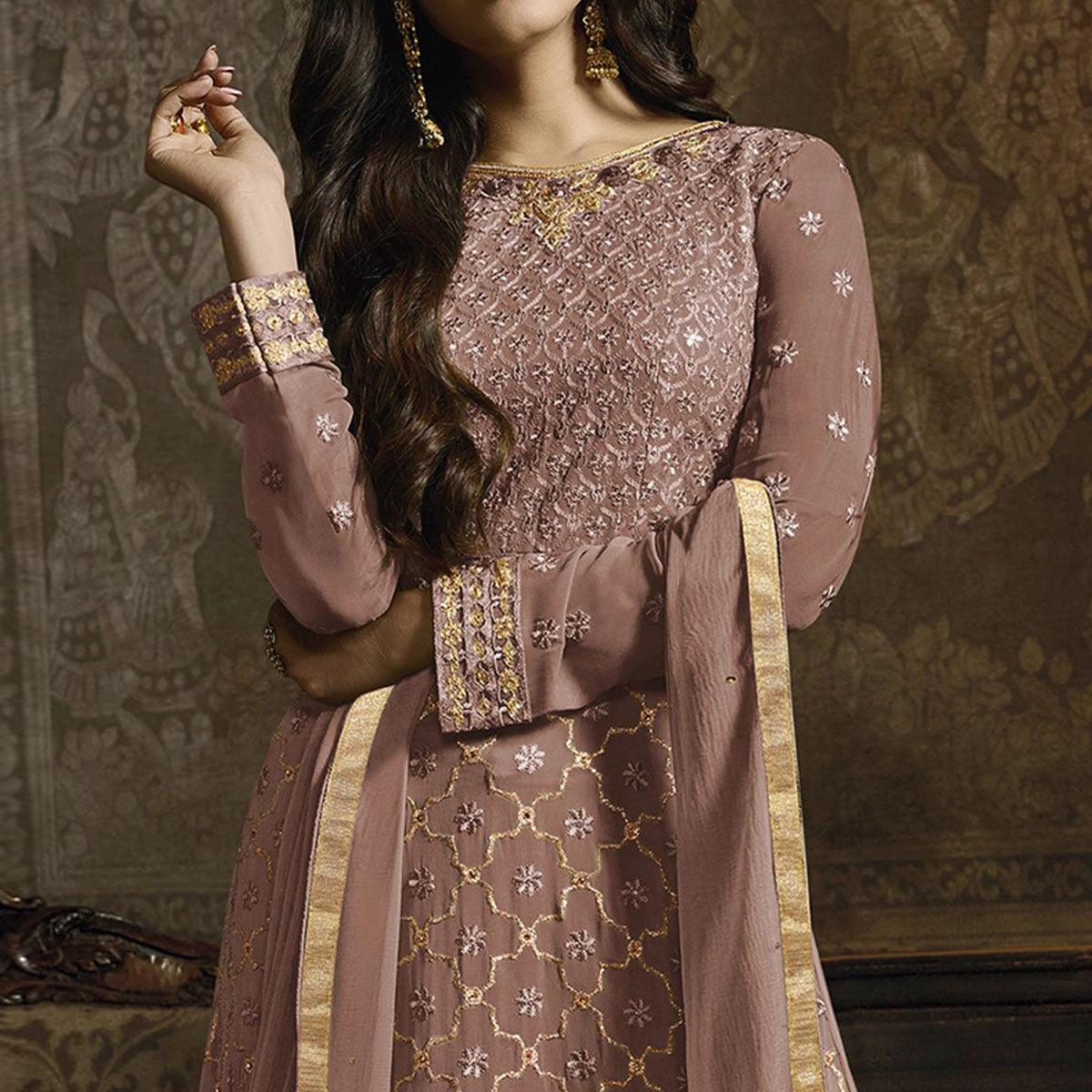 Ravishing Mauve Colored Partywear Embroidered Faux Georgette Lehenga Suit - Peachmode