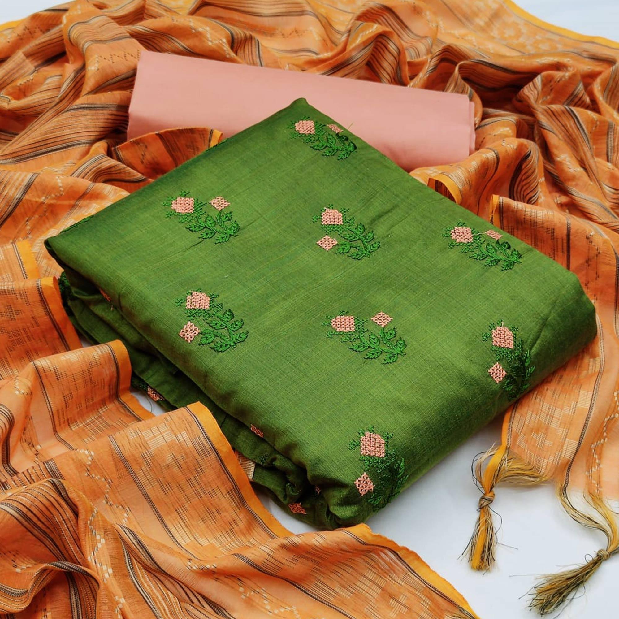 Ravishing Mehendi Green Colored Casual Wear Embroidered Banarasi Cotton Dress Material - Peachmode