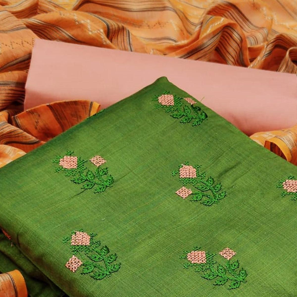 Ravishing Mehendi Green Colored Casual Wear Embroidered Banarasi Cotton Dress Material - Peachmode