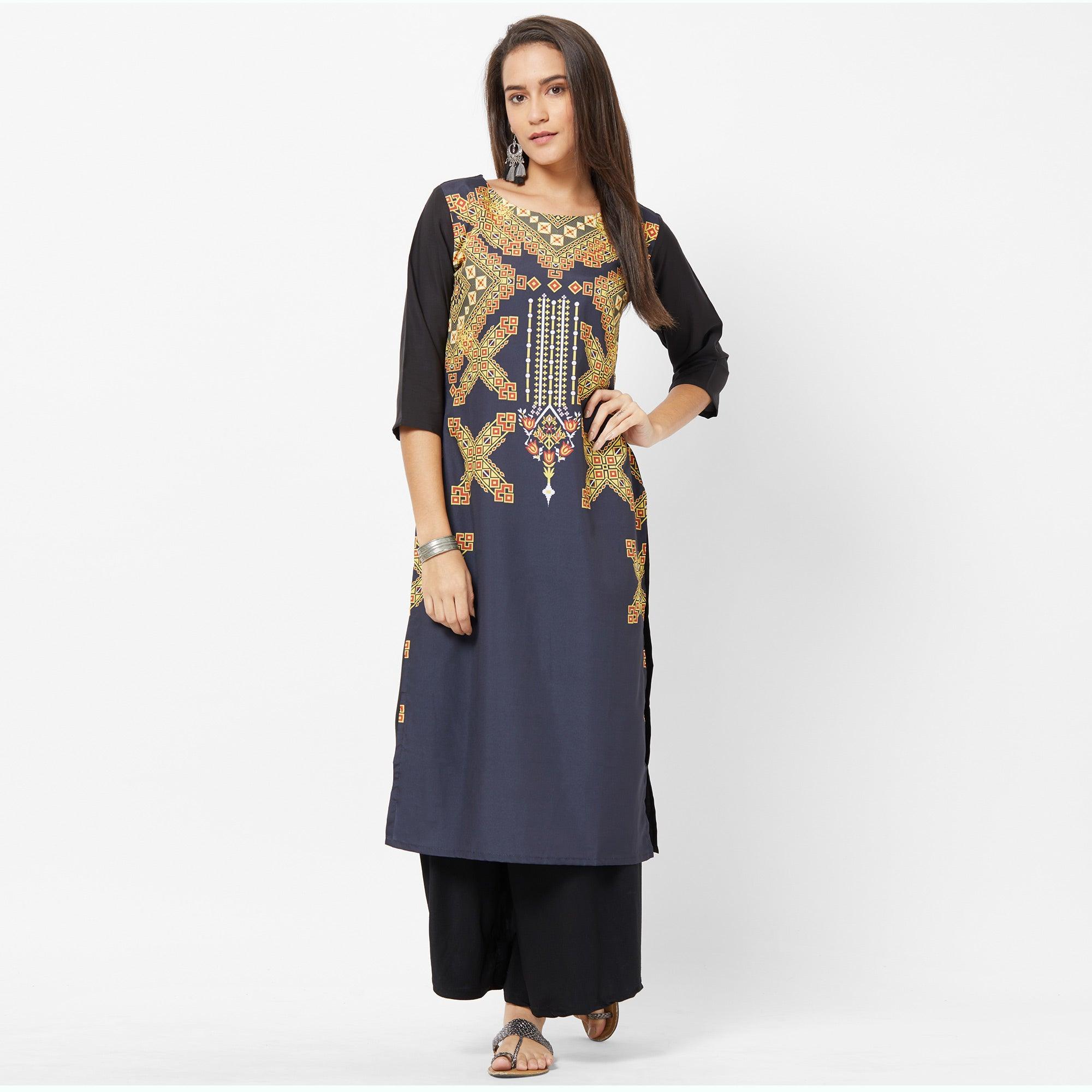 Ravishing Navy Blue Colored Casual Printed Crepe Kurti - Peachmode