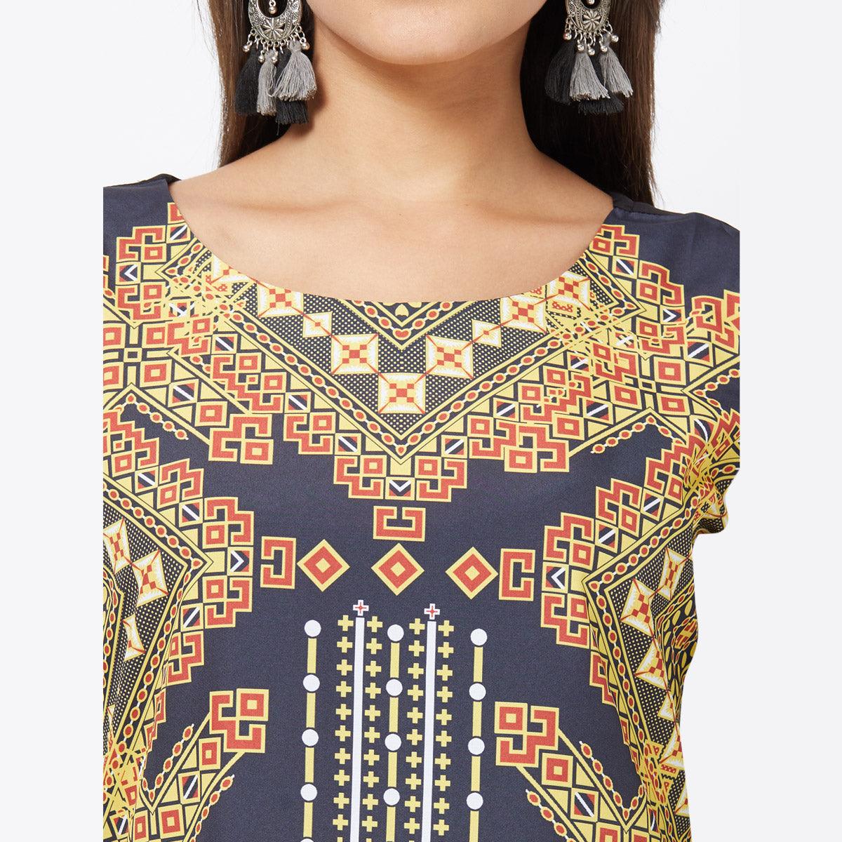 Ravishing Navy Blue Colored Casual Printed Crepe Kurti - Peachmode