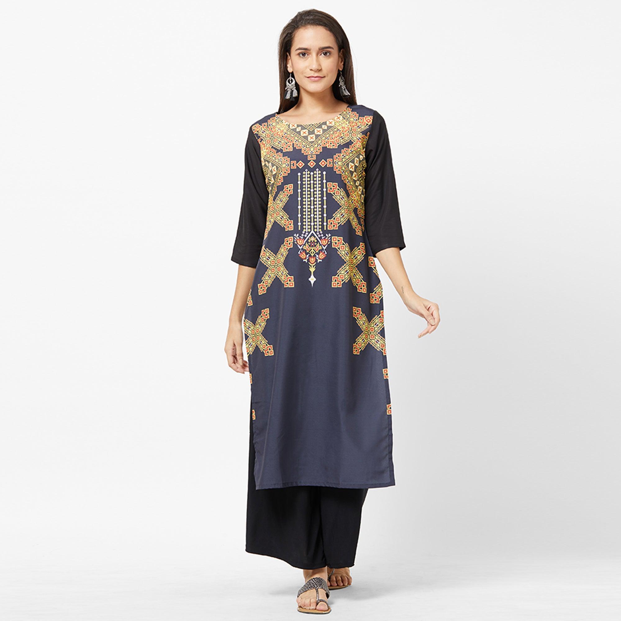 Ravishing Navy Blue Colored Casual Printed Crepe Kurti - Peachmode