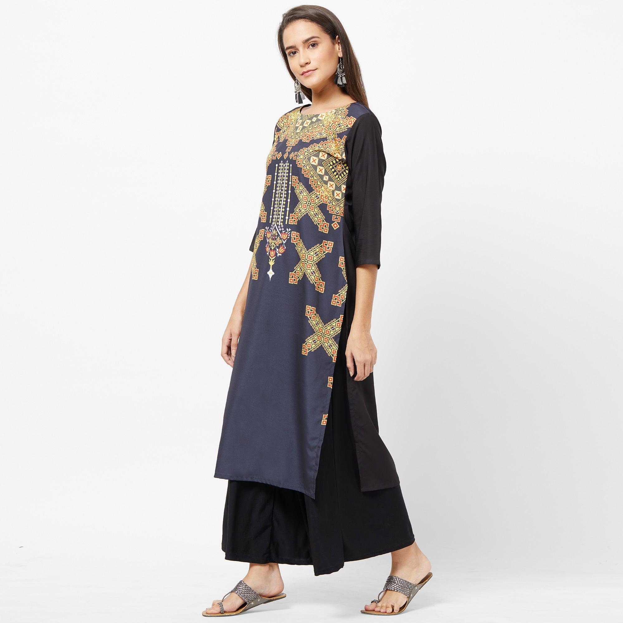 Ravishing Navy Blue Colored Casual Printed Crepe Kurti - Peachmode