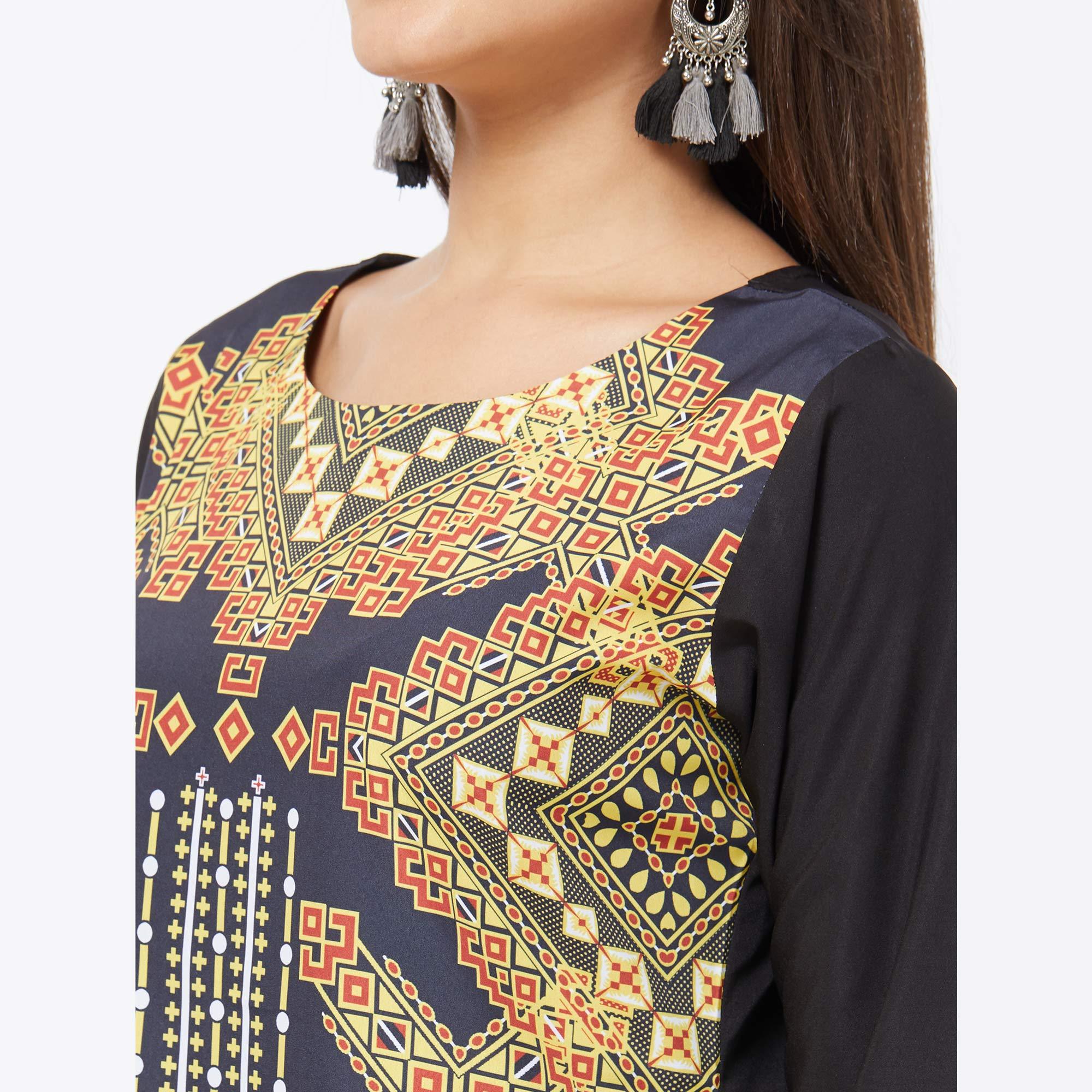 Ravishing Navy Blue Colored Casual Printed Crepe Kurti - Peachmode