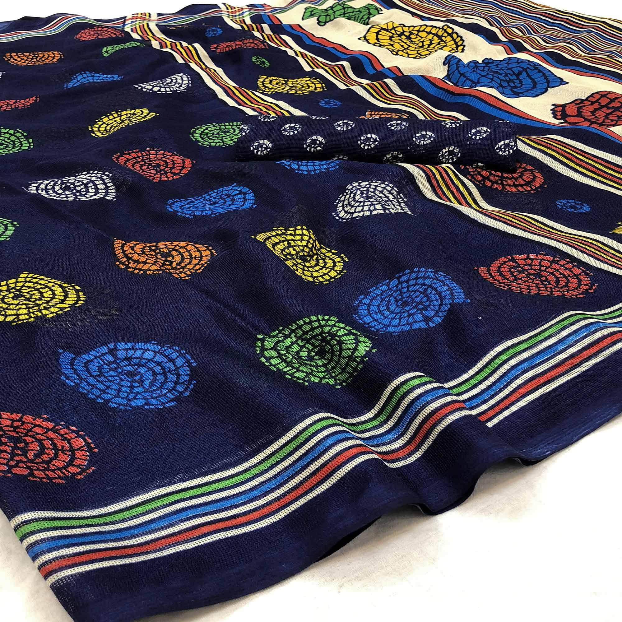 Ravishing Navy Blue Colored Casual Wear Printed Jute Silk Saree - Peachmode