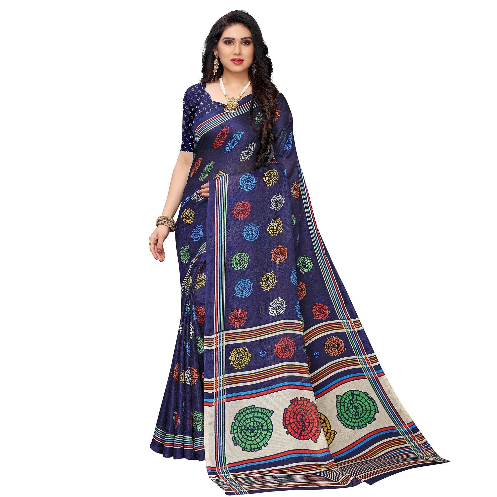 Ravishing Navy Blue Colored Casual Wear Printed Jute Silk Saree - Peachmode