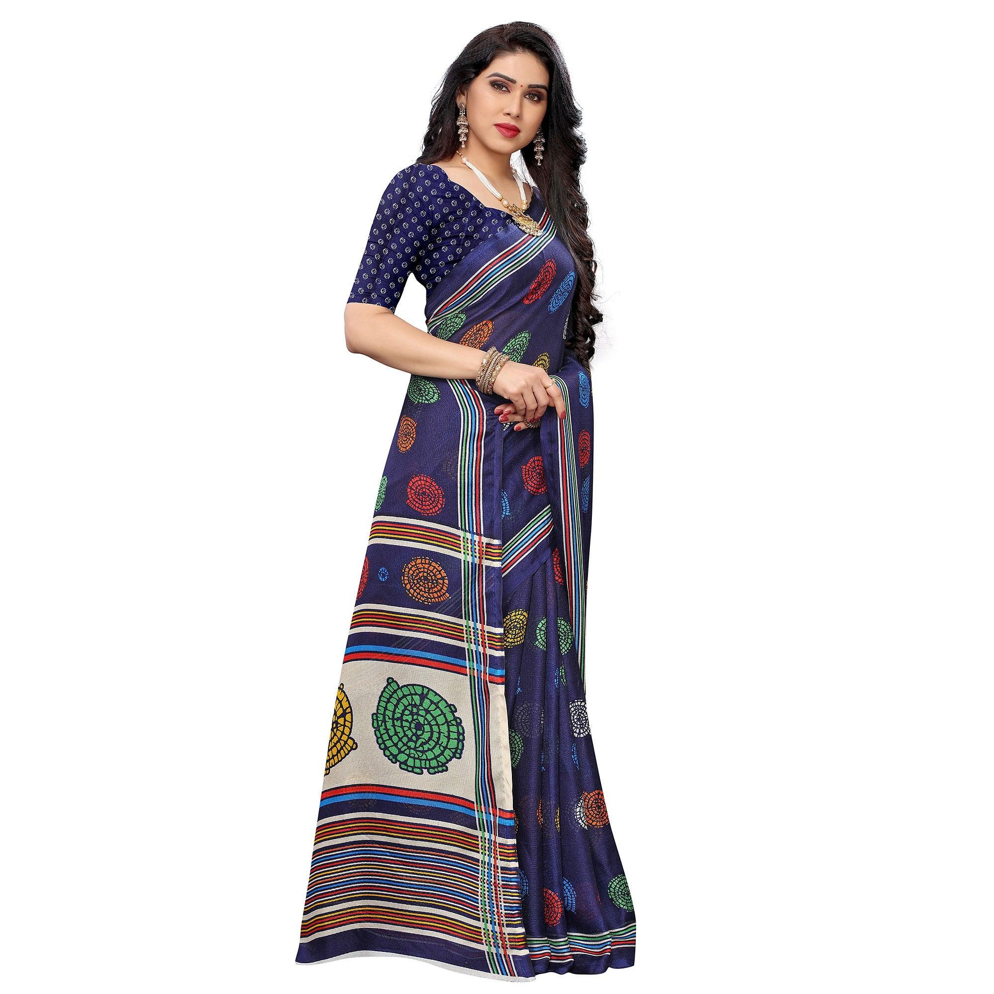 Ravishing Navy Blue Colored Casual Wear Printed Jute Silk Saree - Peachmode