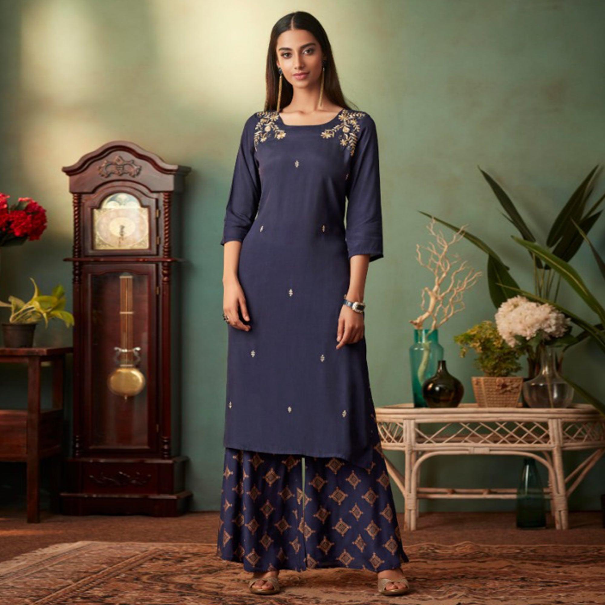 Ravishing Navy Blue Colored Partywear Embroidered Muslin Crepe Silk Palazzo Suit - Peachmode