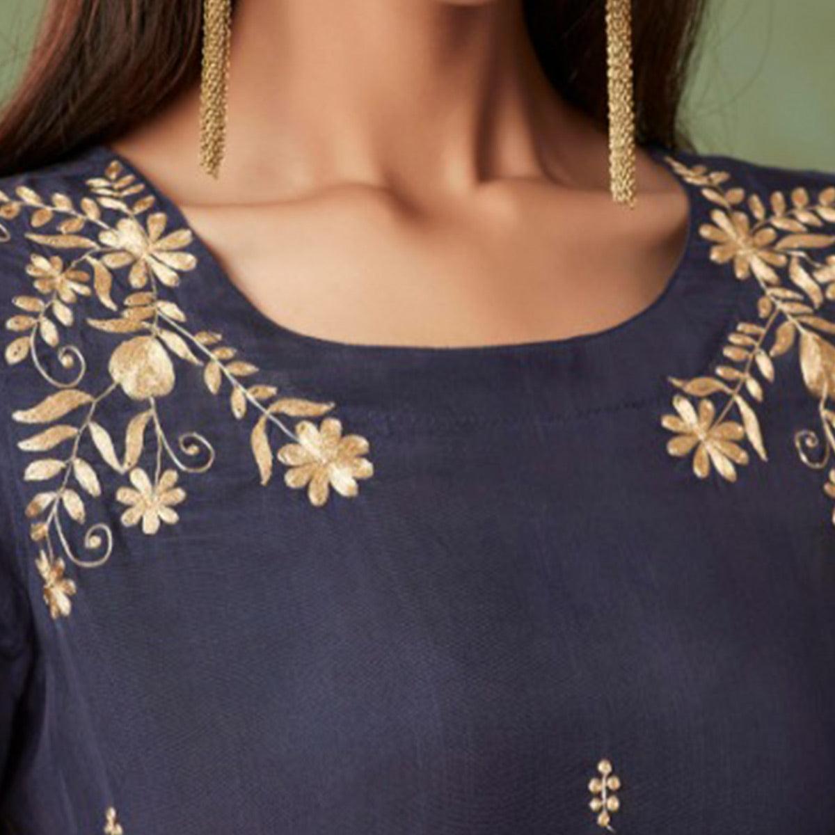 Ravishing Navy Blue Colored Partywear Embroidered Muslin Crepe Silk Palazzo Suit - Peachmode