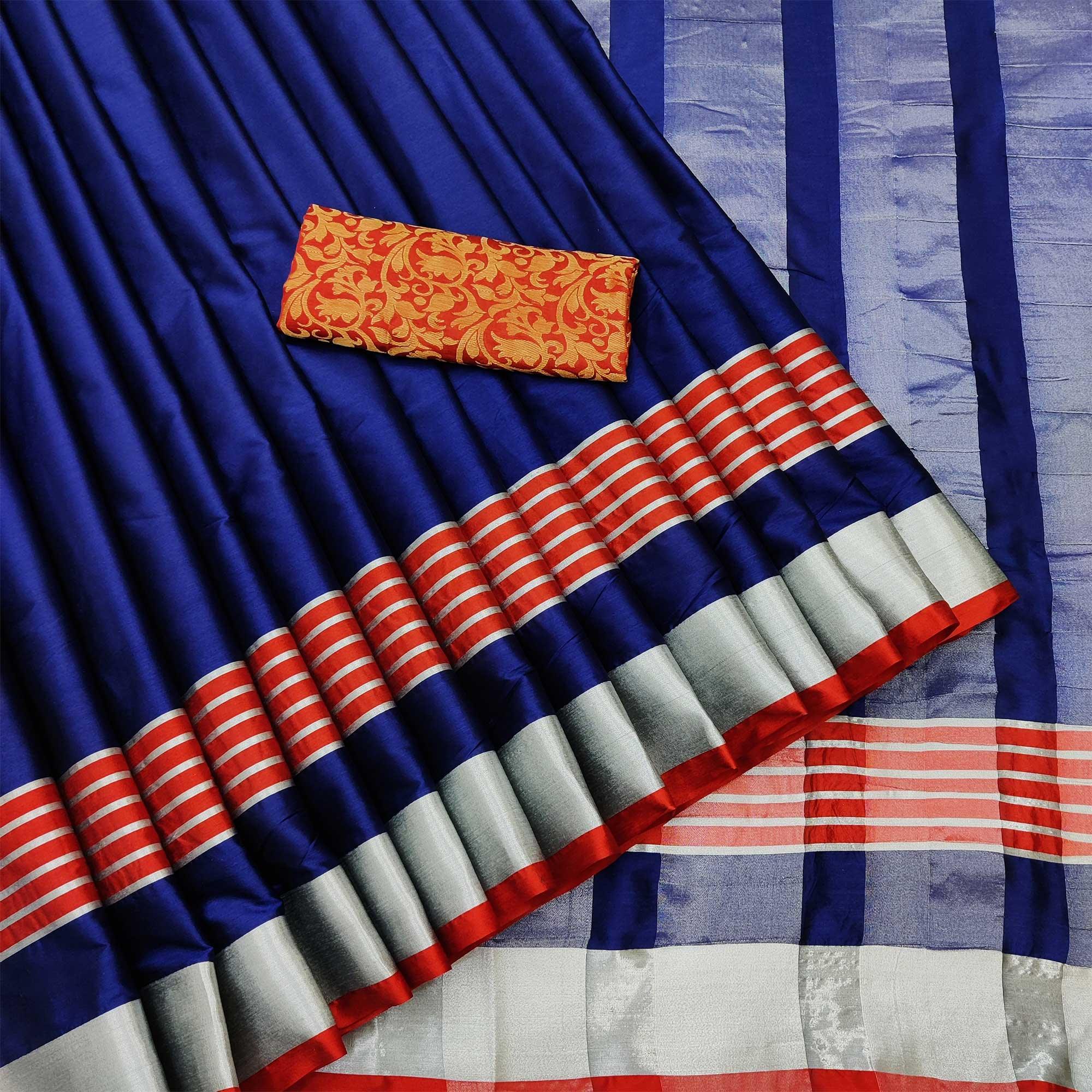 Ravishing Navy Blue Coloured Casual Wear Zari Border Cotton Saree - Peachmode