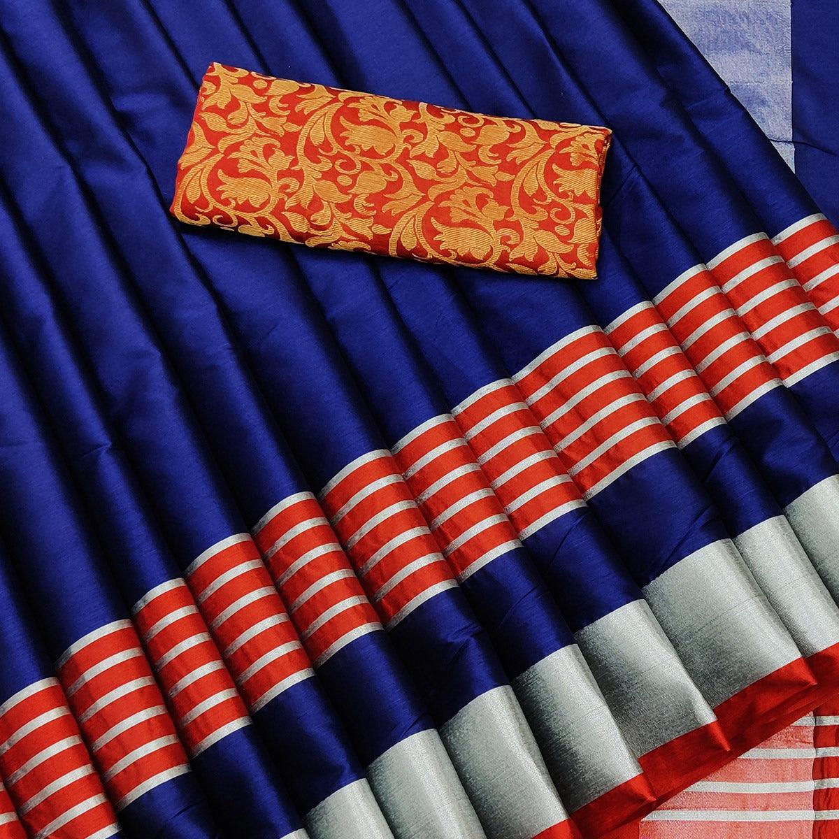 Ravishing Navy Blue Coloured Casual Wear Zari Border Cotton Saree - Peachmode