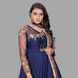 Ravishing Navy Blue Coloured Embroidered Party Wear Floral Taffeta Gown - Peachmode