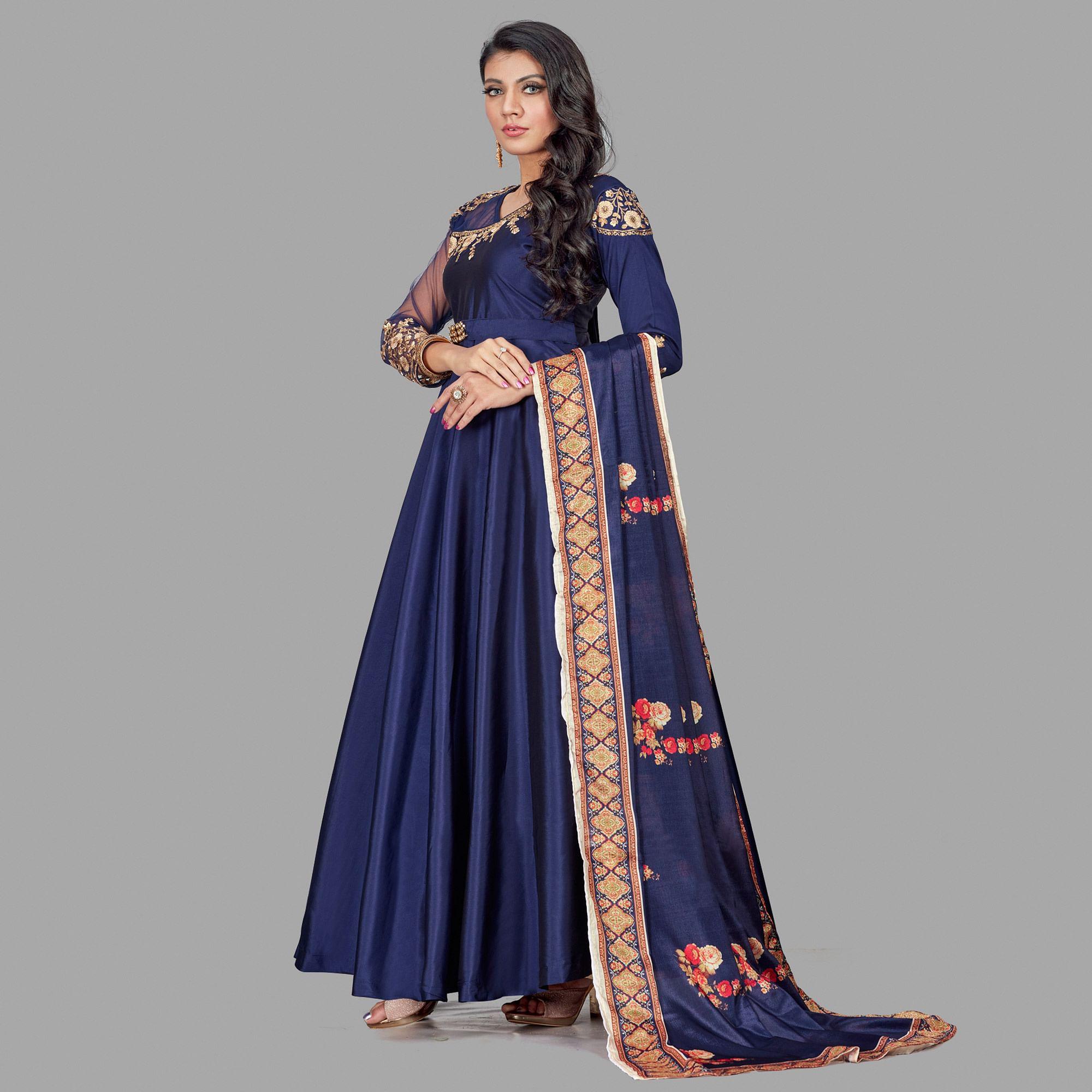 Ravishing Navy Blue Coloured Embroidered Party Wear Floral Taffeta Gown - Peachmode