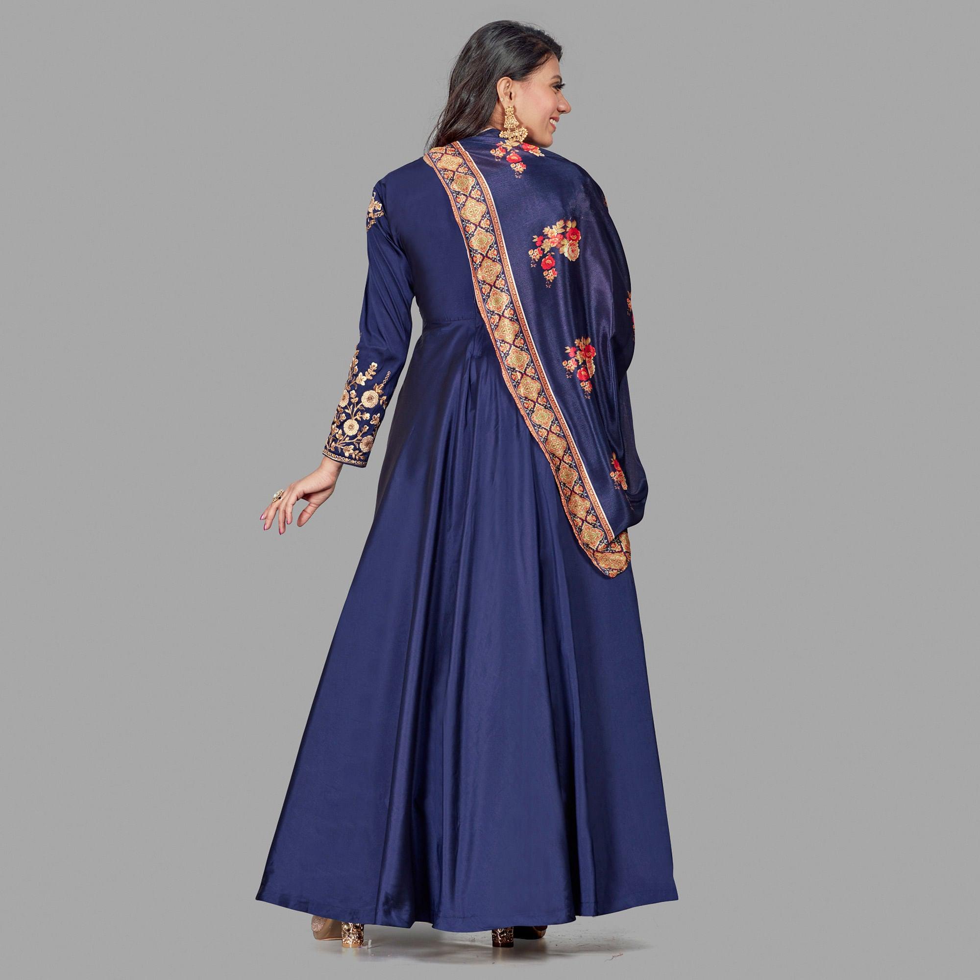 Ravishing Navy Blue Coloured Embroidered Party Wear Floral Taffeta Gown - Peachmode