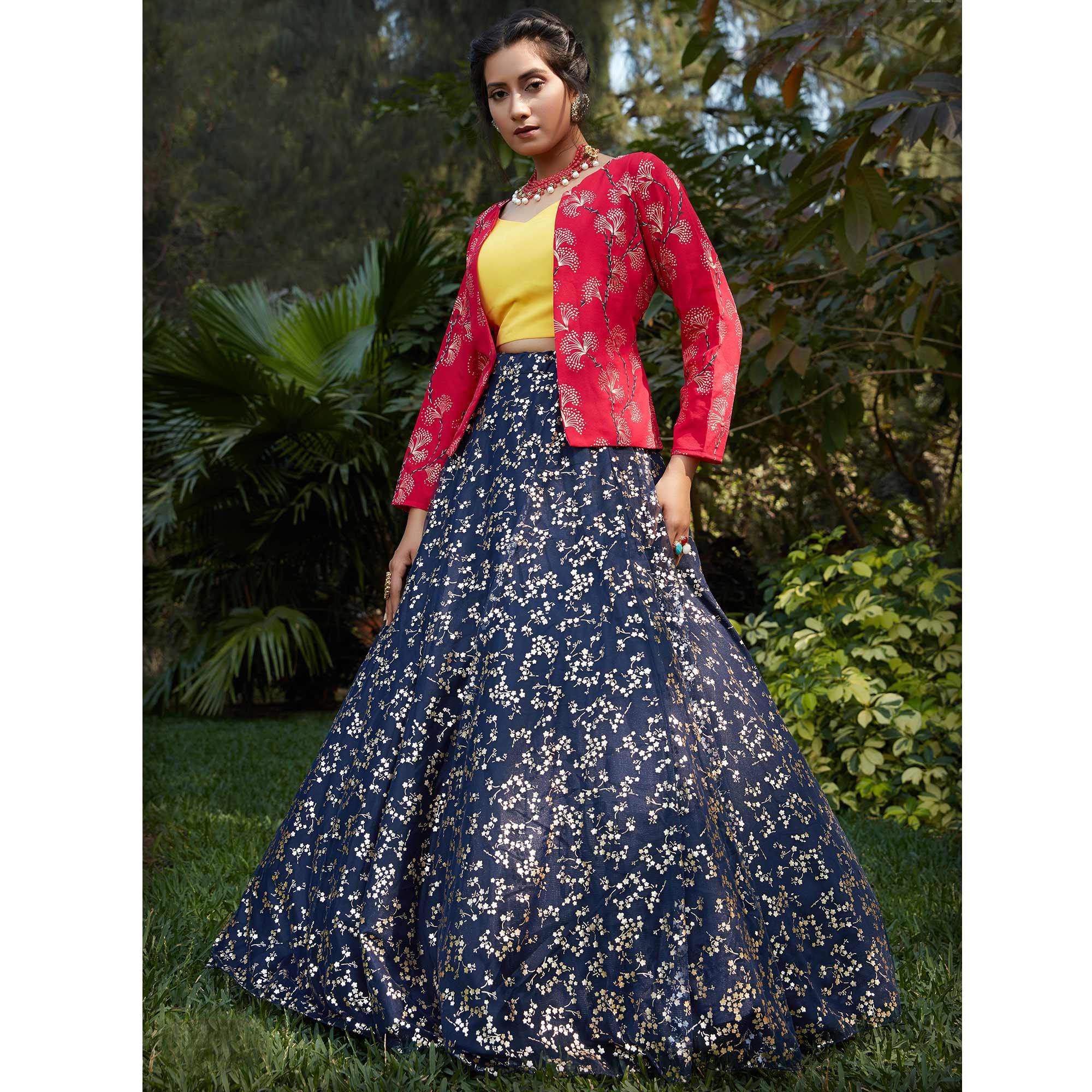 Ravishing Navy Blue Coloured Metallic Foil Printed Net Lehenga Choli - Peachmode