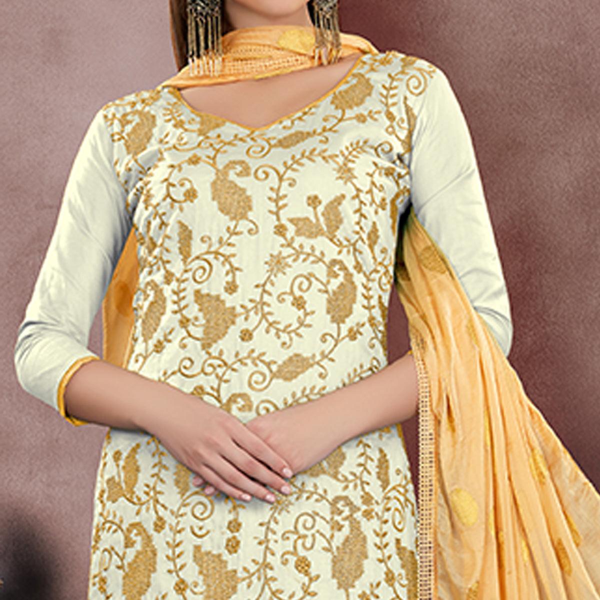 Ravishing Off White Colored Party Wear Embroidered Modal Chanderi Dress Material - Peachmode