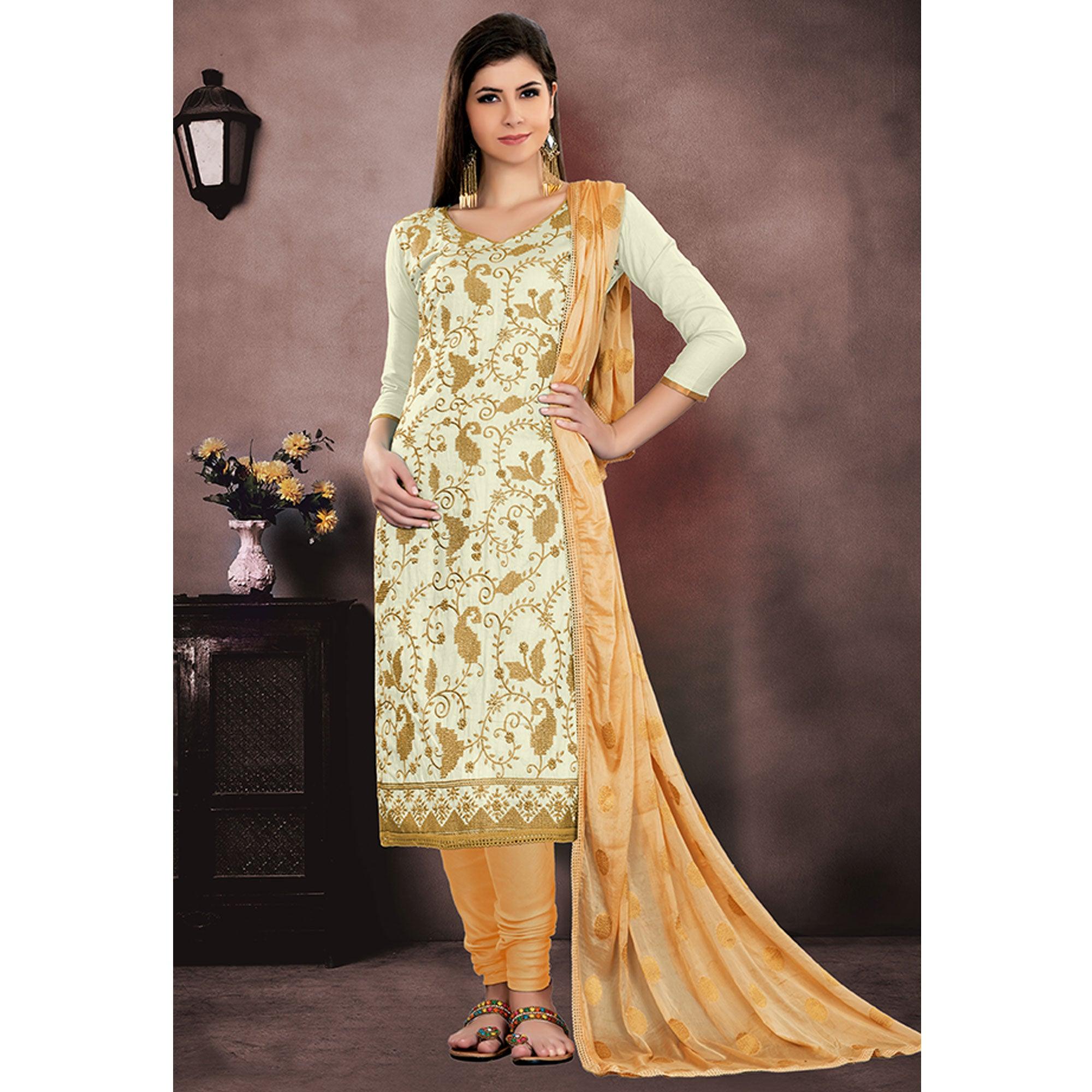 Ravishing Off White Colored Party Wear Embroidered Modal Chanderi Dress Material - Peachmode