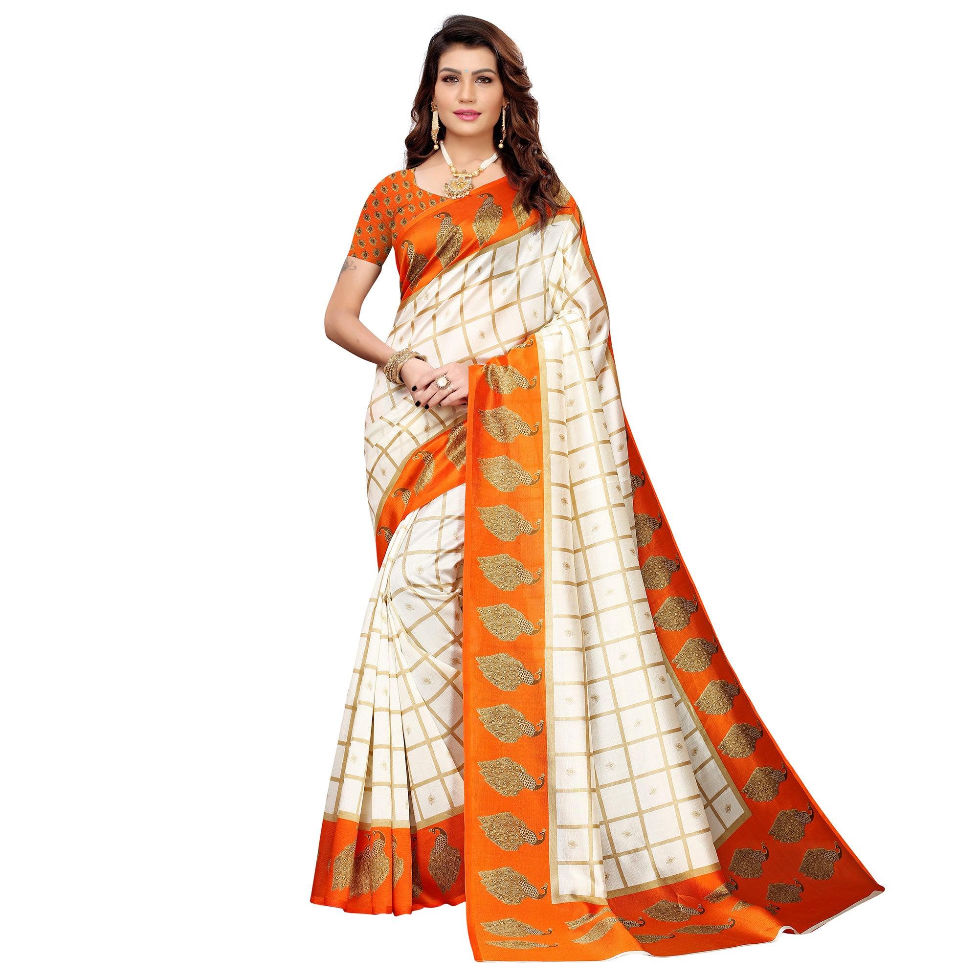 Ravishing Off White-Orange Colored Casual Printed Mysore Silk Saree - Peachmode