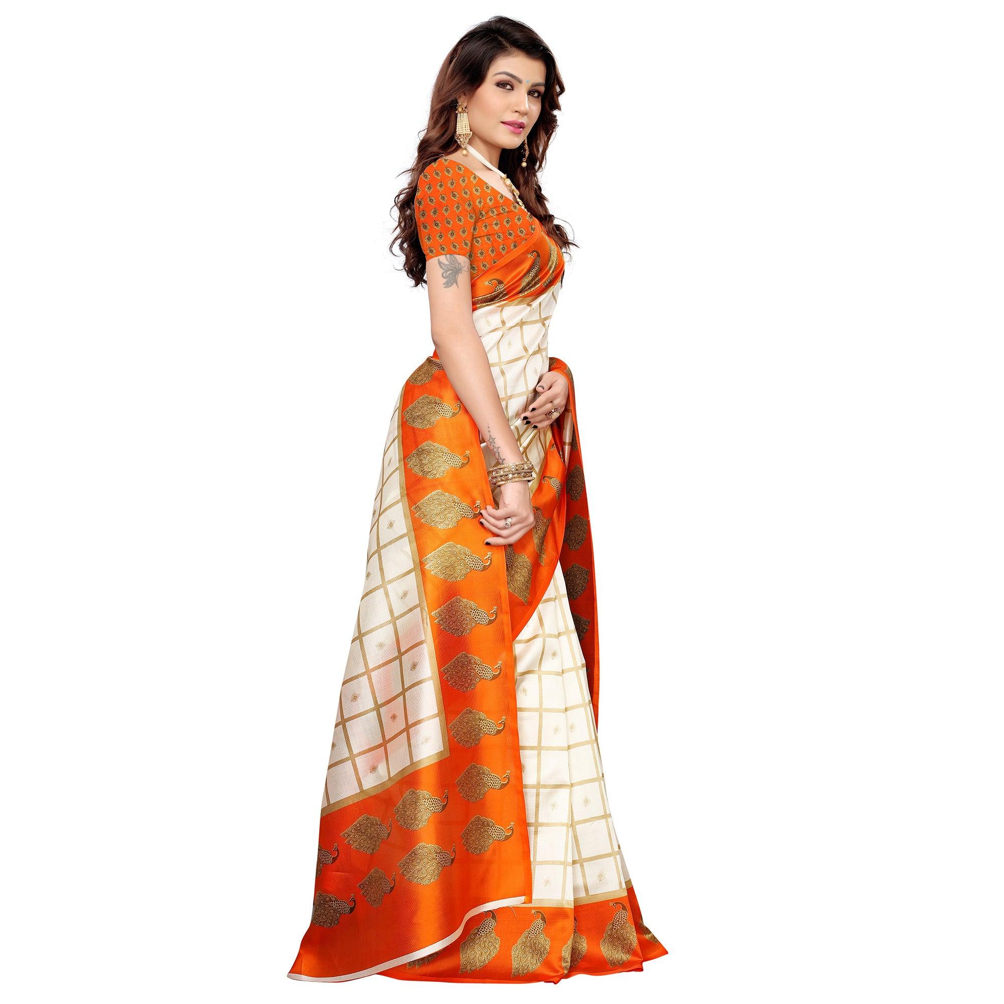 Ravishing Off White-Orange Colored Casual Printed Mysore Silk Saree - Peachmode