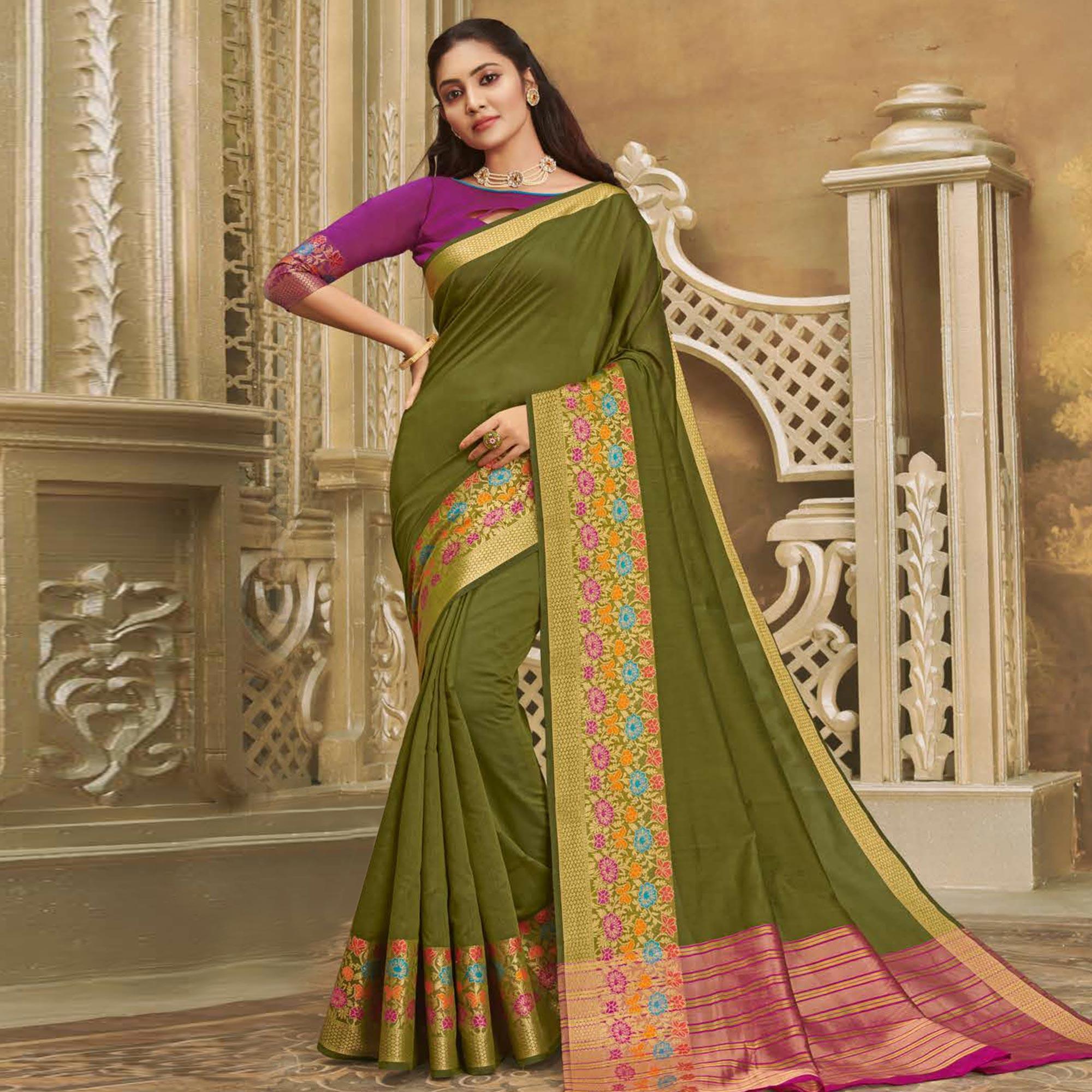 Ravishing Olive Green Colored Festive Wear Woven Cotton Handloom Saree - Peachmode