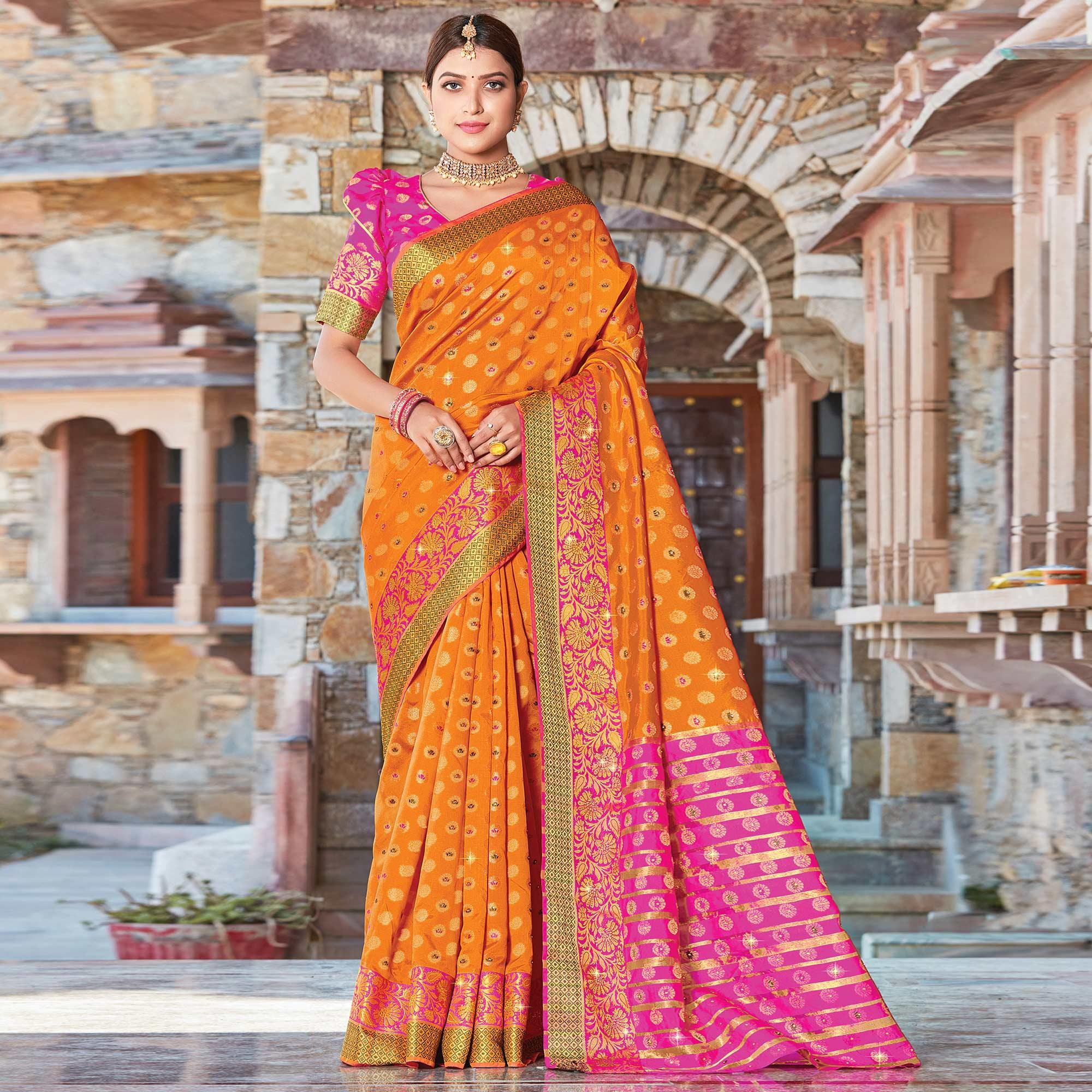 Ravishing Orange Colored Festive Wear Woven Handloom Silk Sareee - Peachmode