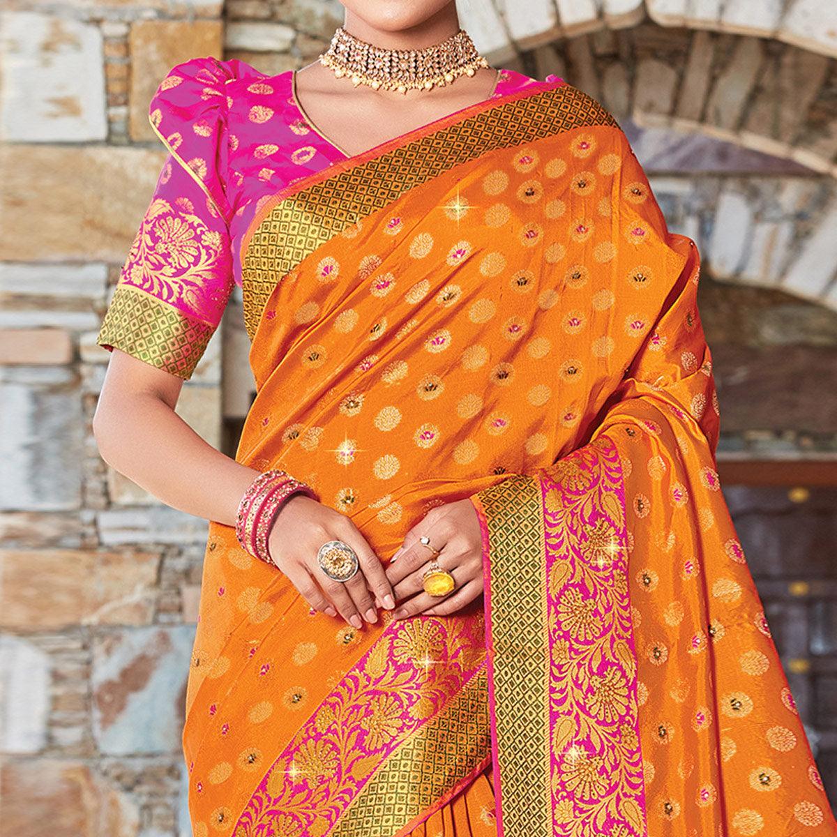 Ravishing Orange Colored Festive Wear Woven Handloom Silk Sareee - Peachmode