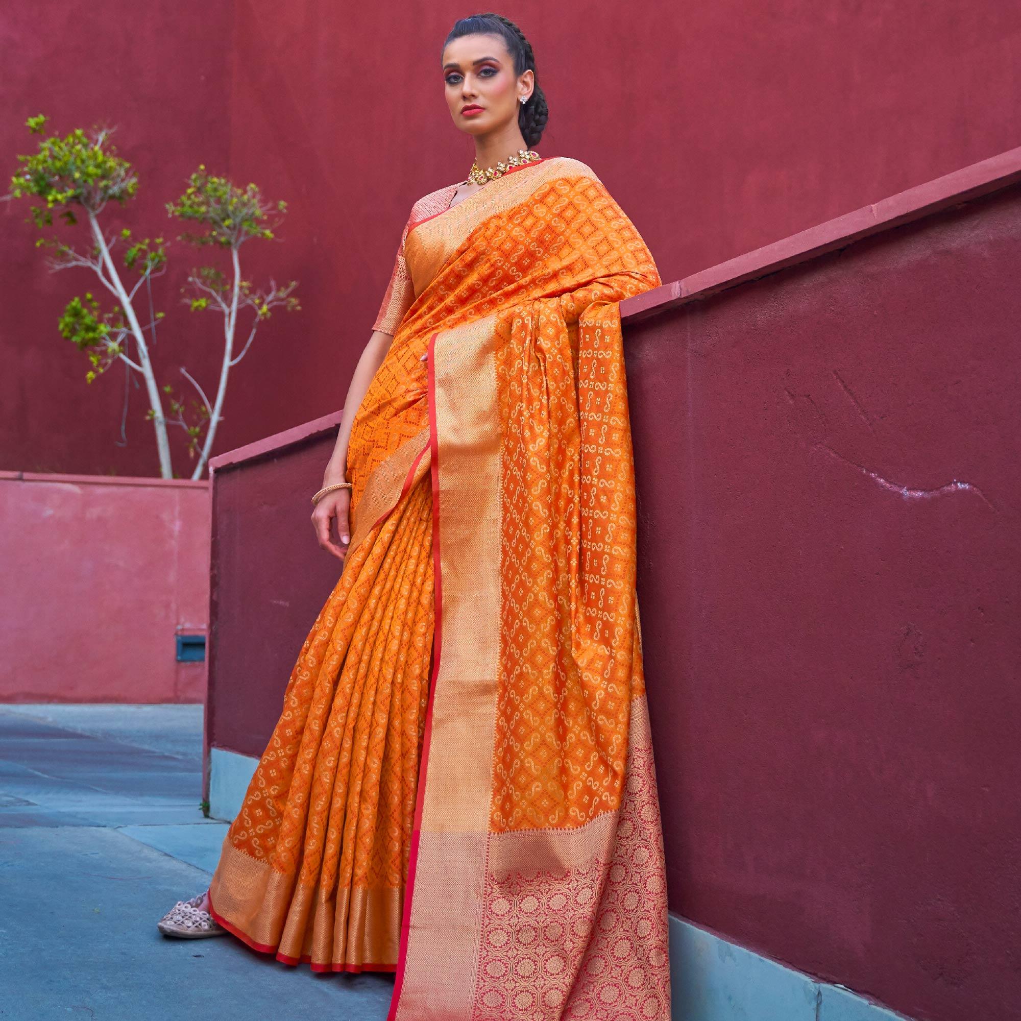 Ravishing Orange Colored Festive Wear Woven Silk Saree - Peachmode