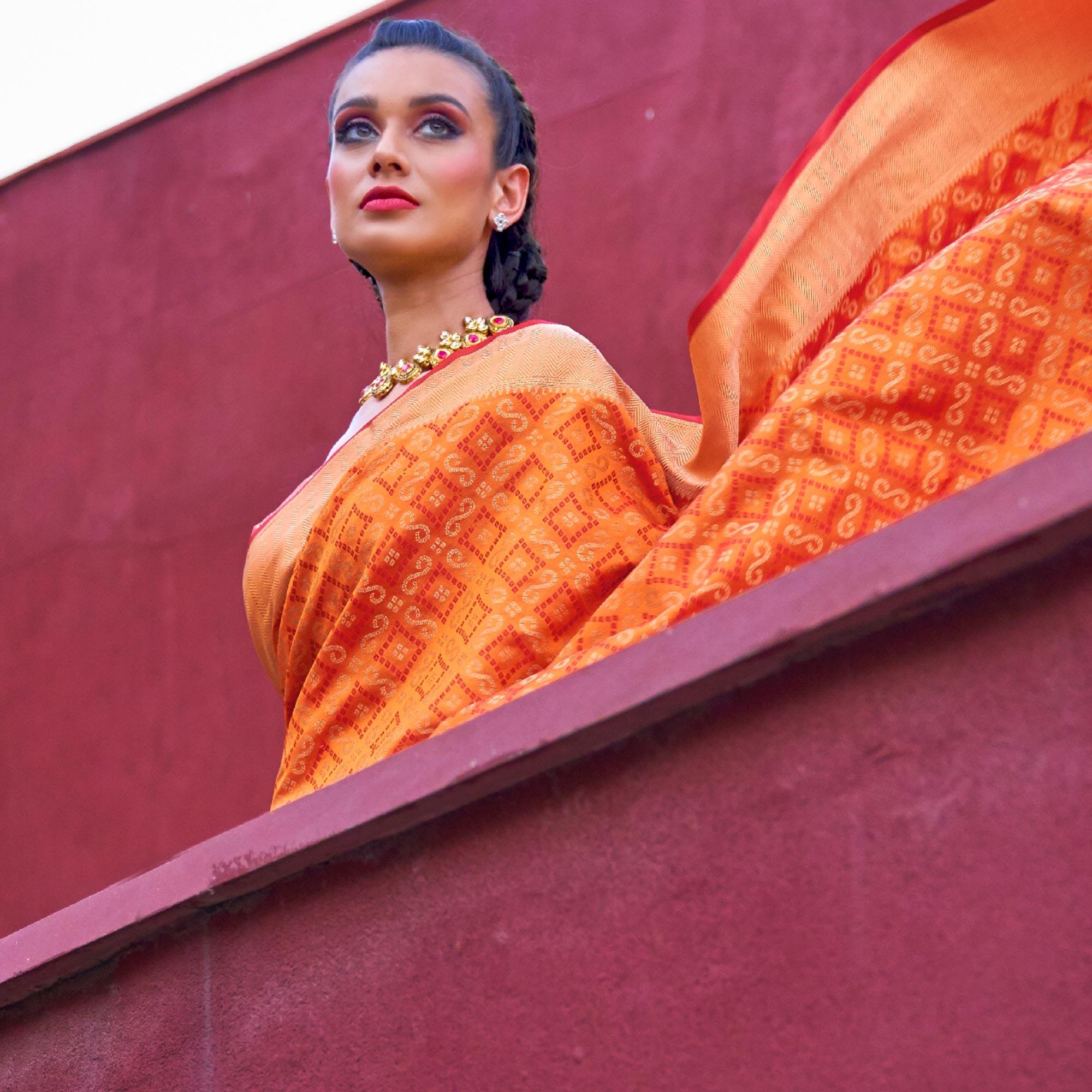 Ravishing Orange Colored Festive Wear Woven Silk Saree - Peachmode