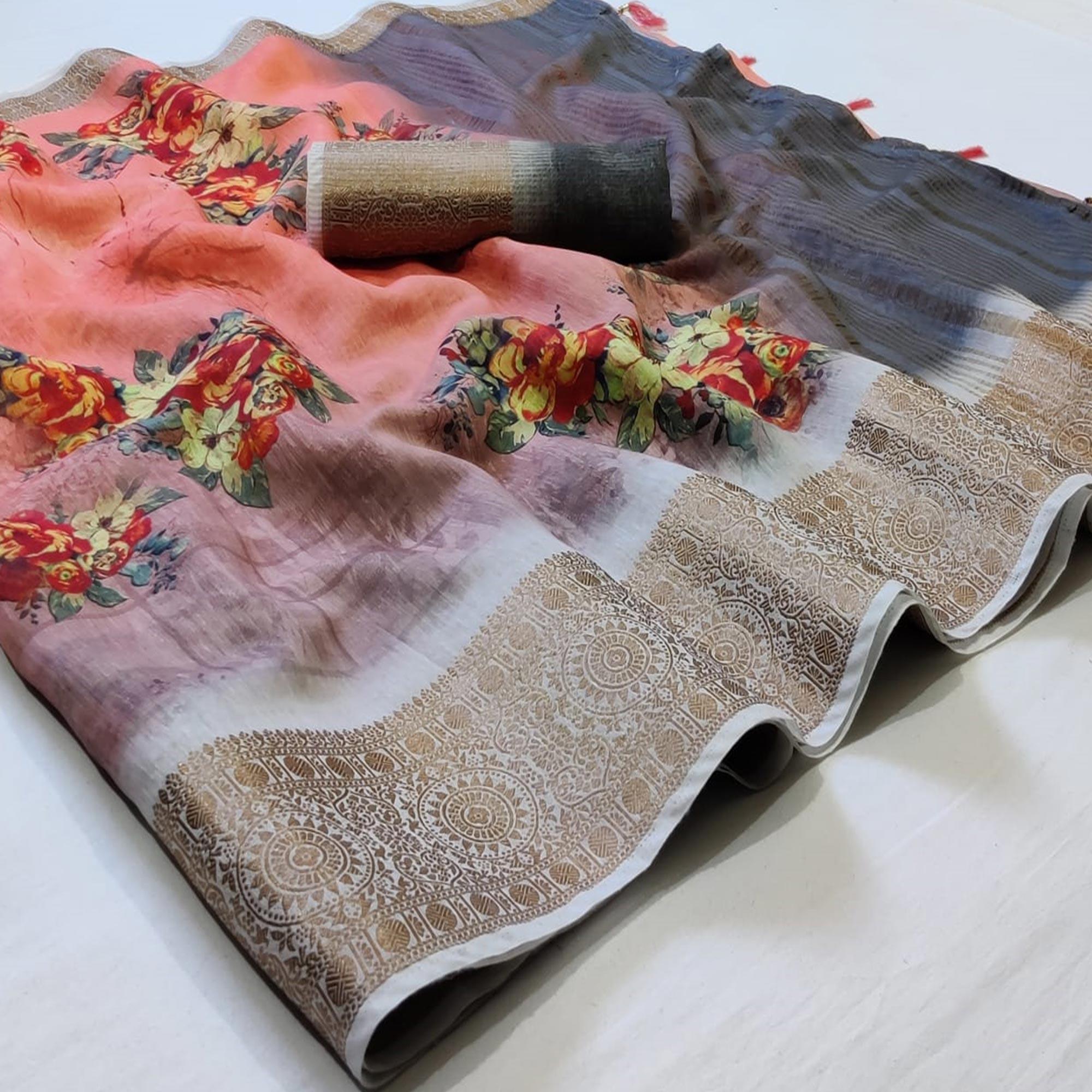 Ravishing Peach Colored Festive Wear Woven Banarasi Silk Saree - Peachmode