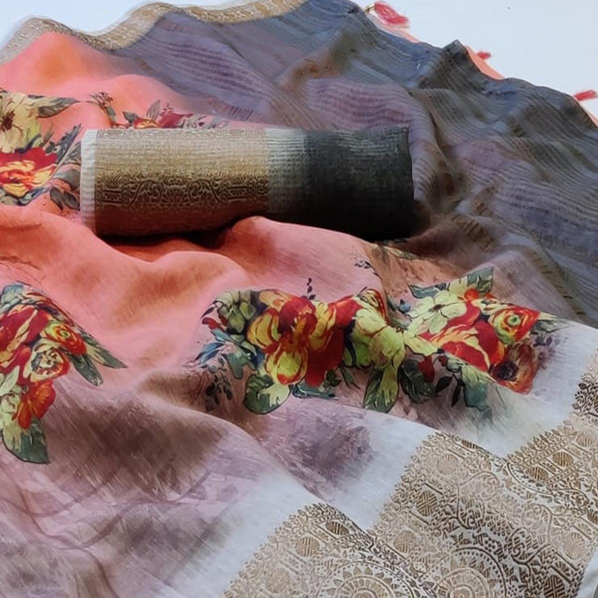 Ravishing Peach Colored Festive Wear Woven Banarasi Silk Saree - Peachmode