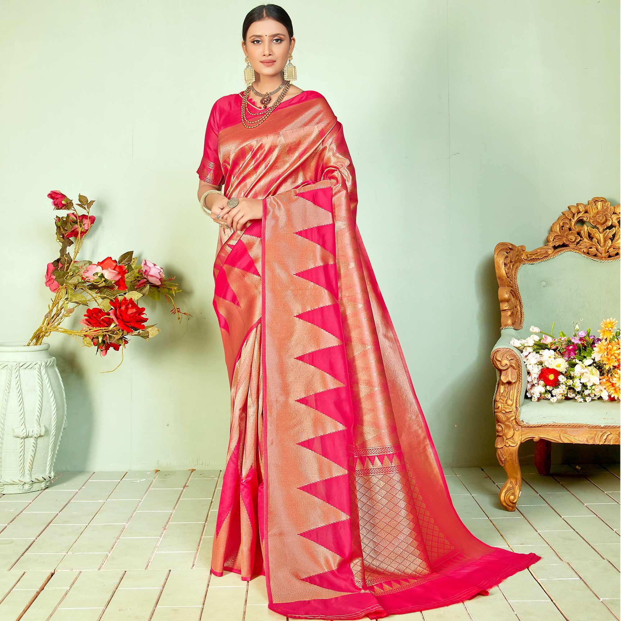 Ravishing Pink Colored Festive Wear Woven Silk Saree - Peachmode