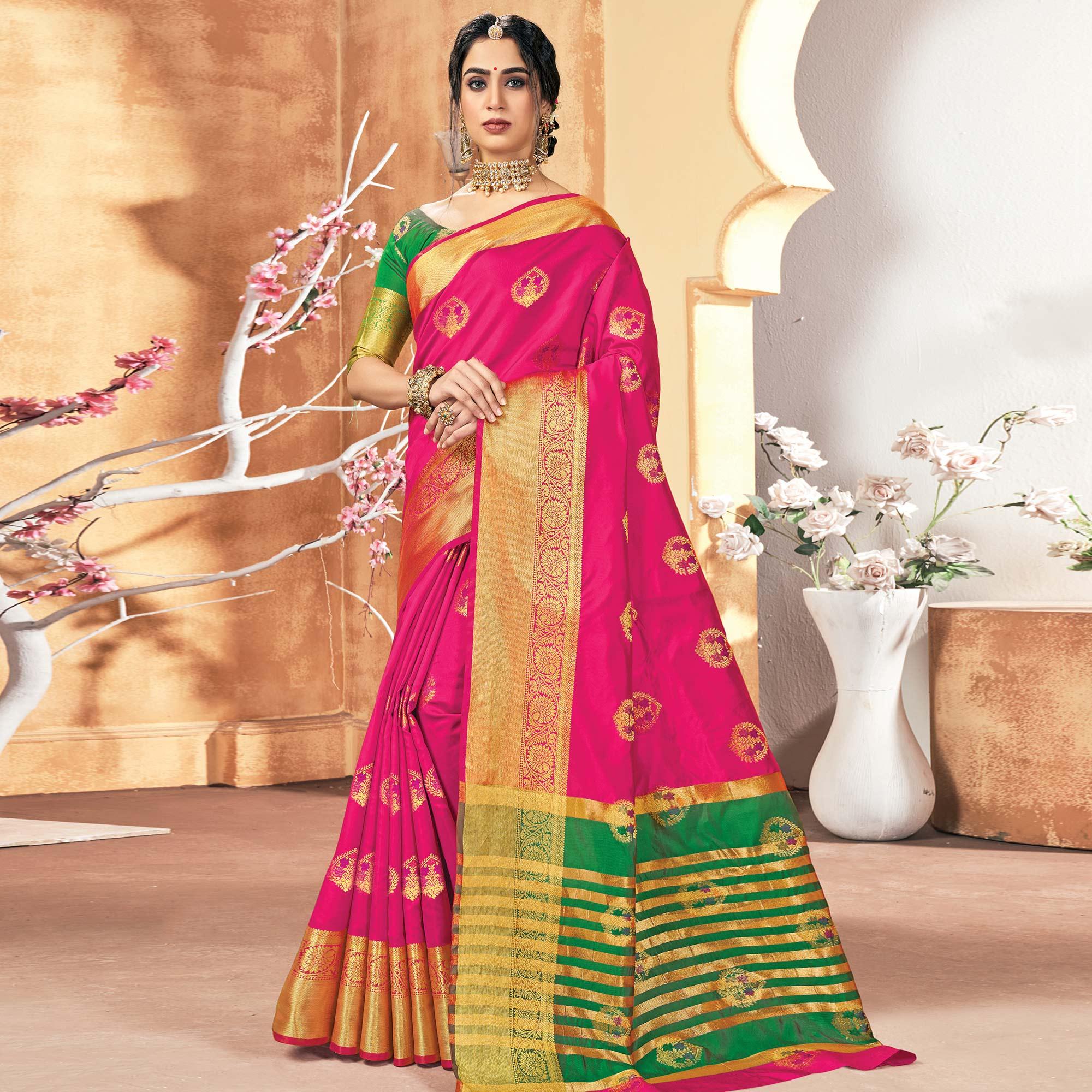 Ravishing Pink Colored Festive Wear Woven Silk Saree - Peachmode