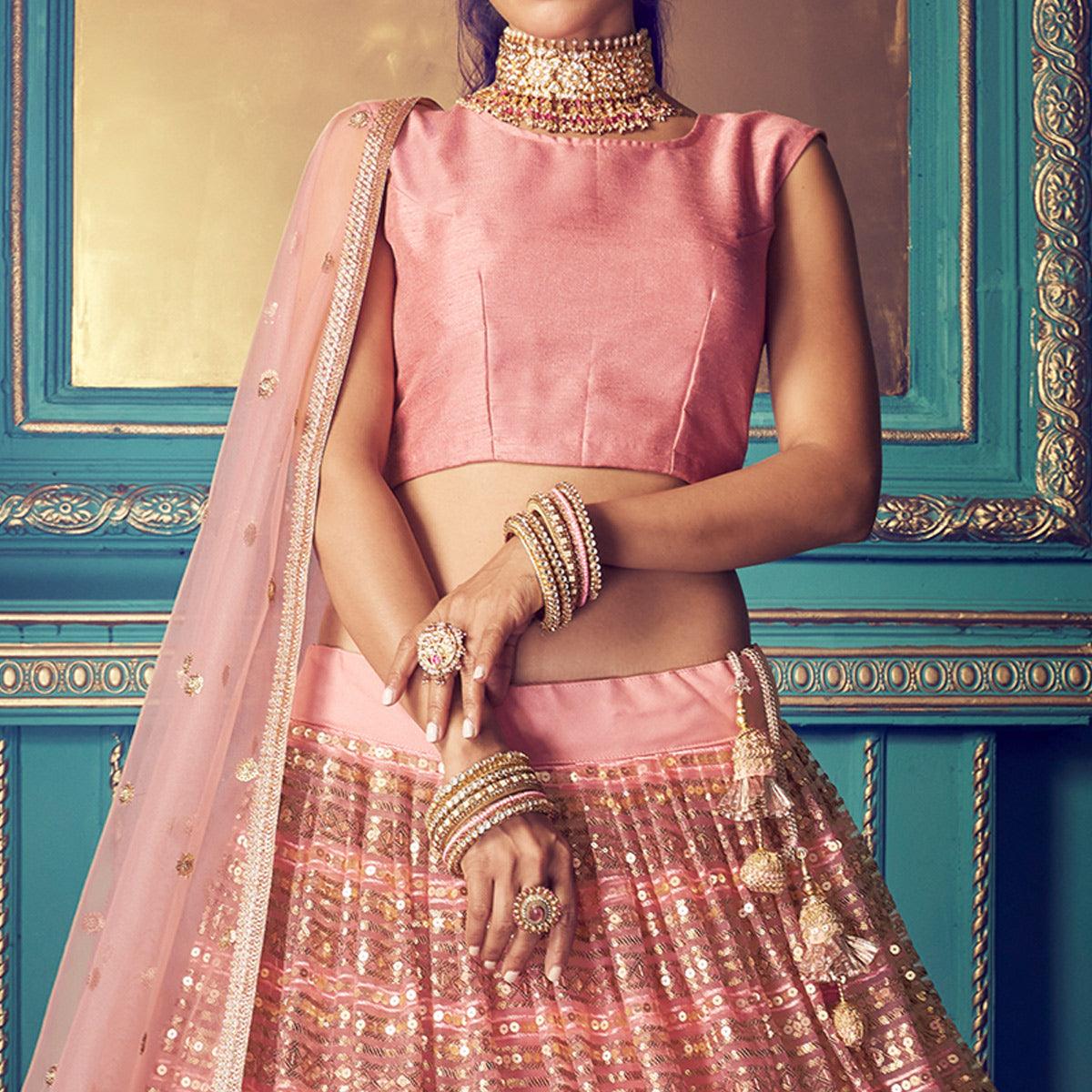 Ravishing Pink Colored Partywear Embroidered Soft Net Lehenga Choli - Peachmode