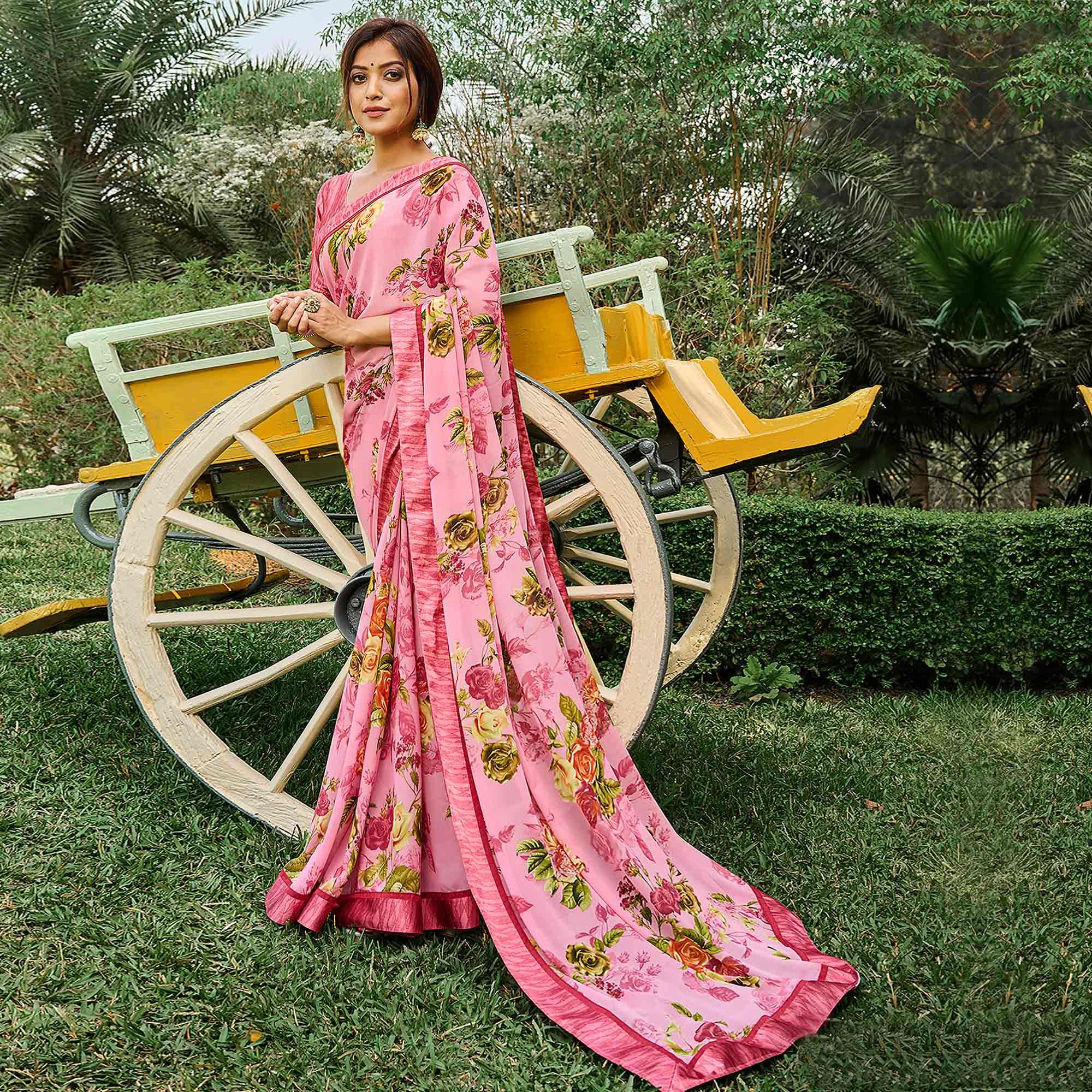 Ravishing Pink Coloured Casual Wear Floral Digital Printed Satin Saree - Peachmode