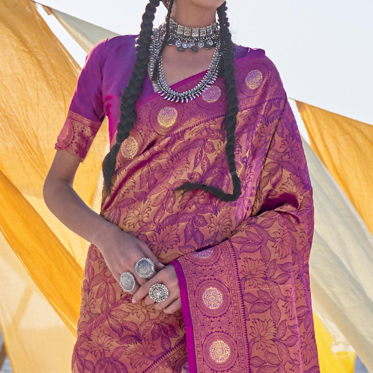 Ravishing Purple Colored Festive Wear Weaving Handloom Soft Silk Saree - Peachmode