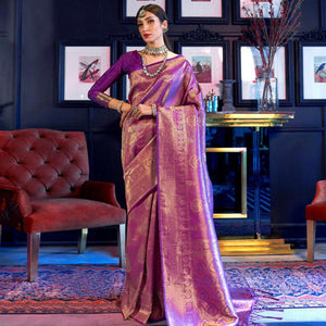 Ravishing Purple Colored Festive Wear Woven Silk Saree With Tassels - Peachmode