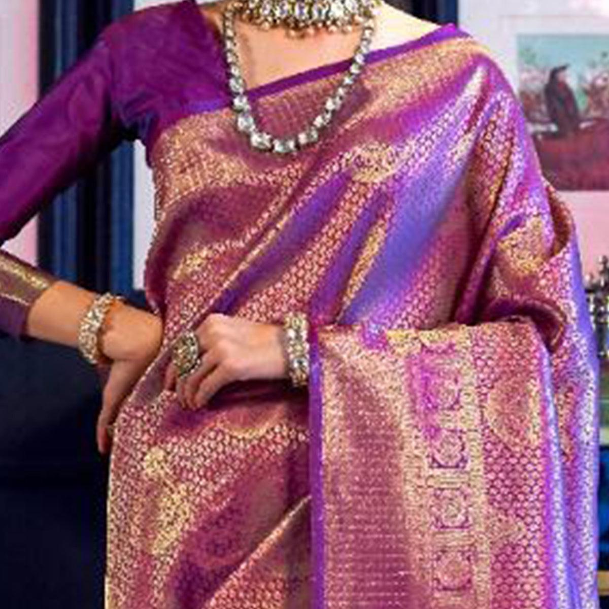 Ravishing Purple Colored Festive Wear Woven Silk Saree With Tassels - Peachmode