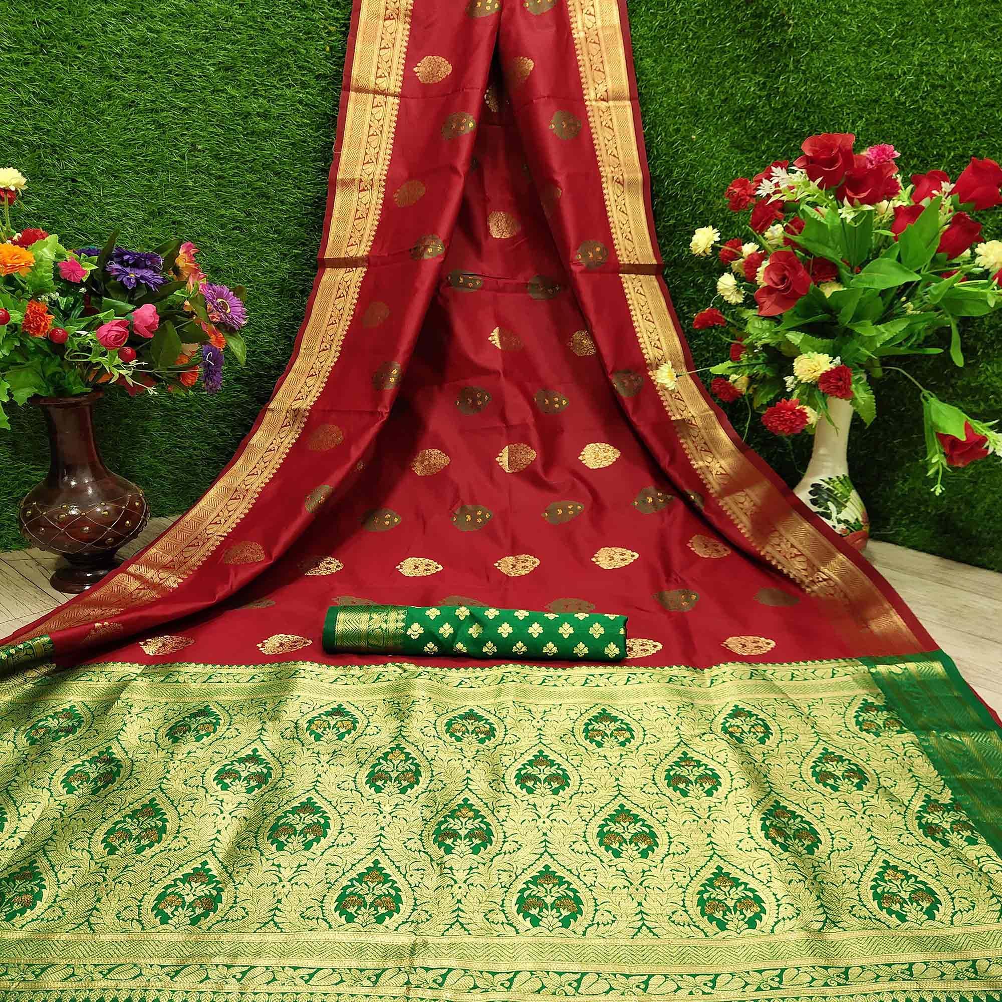 Ravishing Red Colored Festive Wear Woven Banarasi Silk Saree - Peachmode