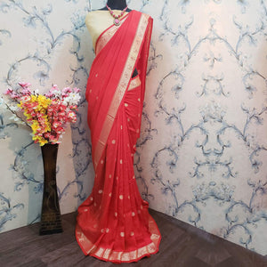 Ravishing Red Colored Festive Wear Woven Vichitra Silk Saree - Peachmode